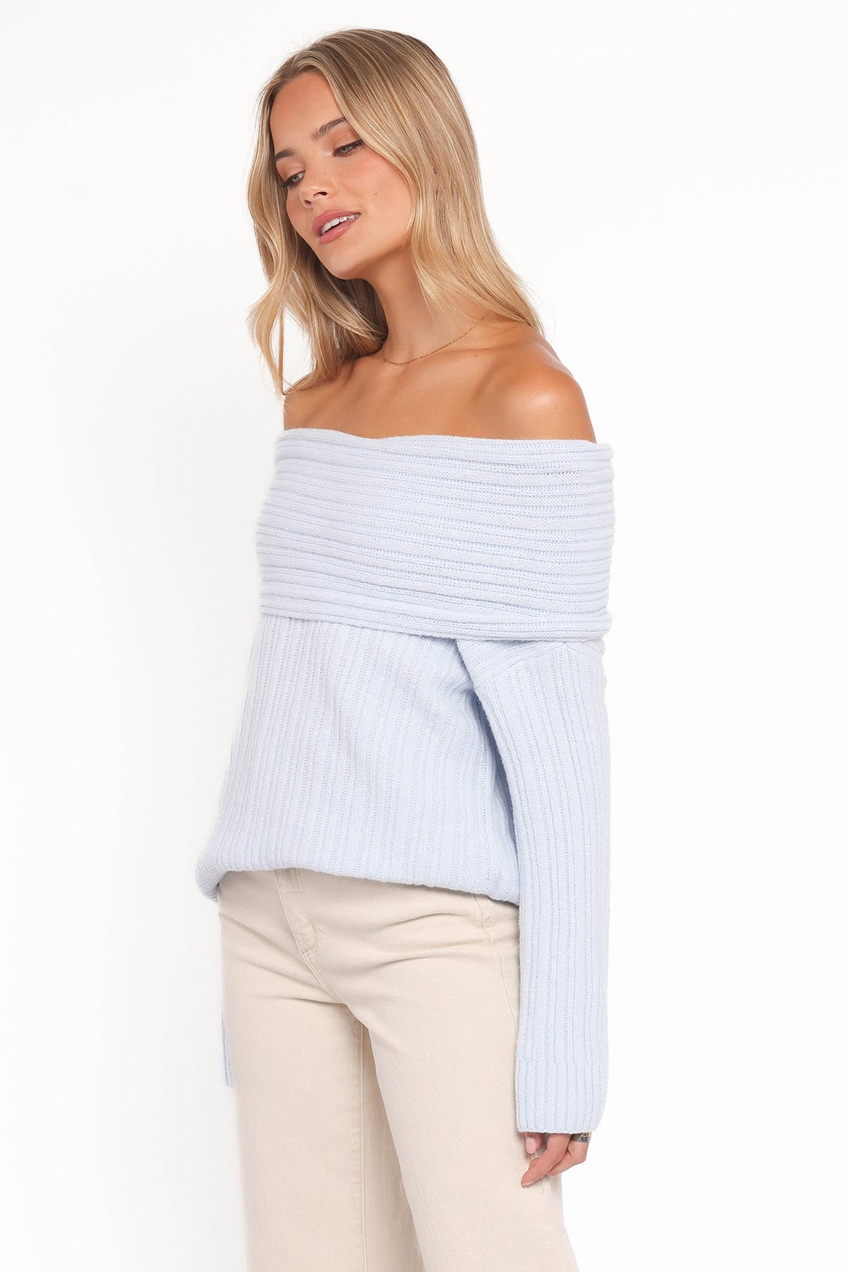 Kenny Off Shoulder Knit Sweater in Pale Blue – view 3 of 6