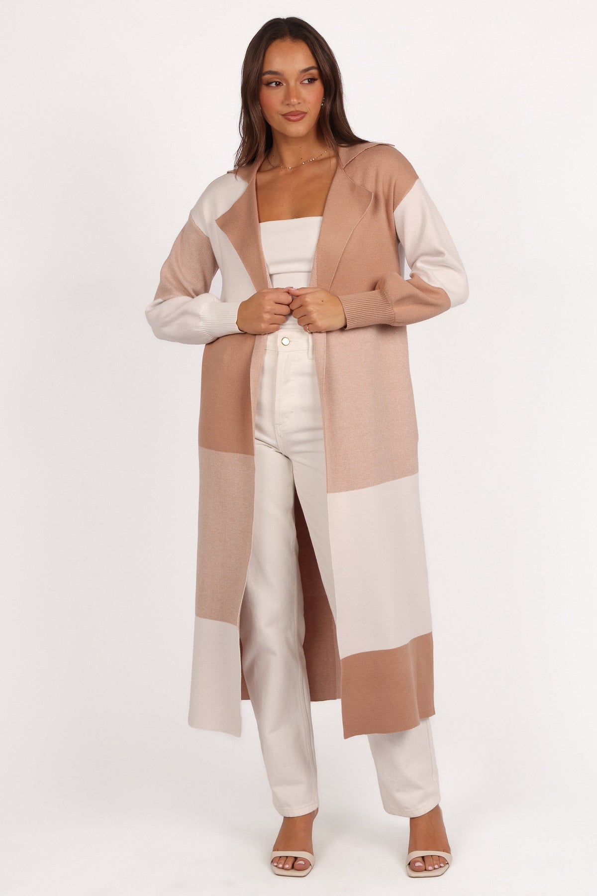 Kingston Large Check Long Cardigan in Beige Check – view 1 of 7