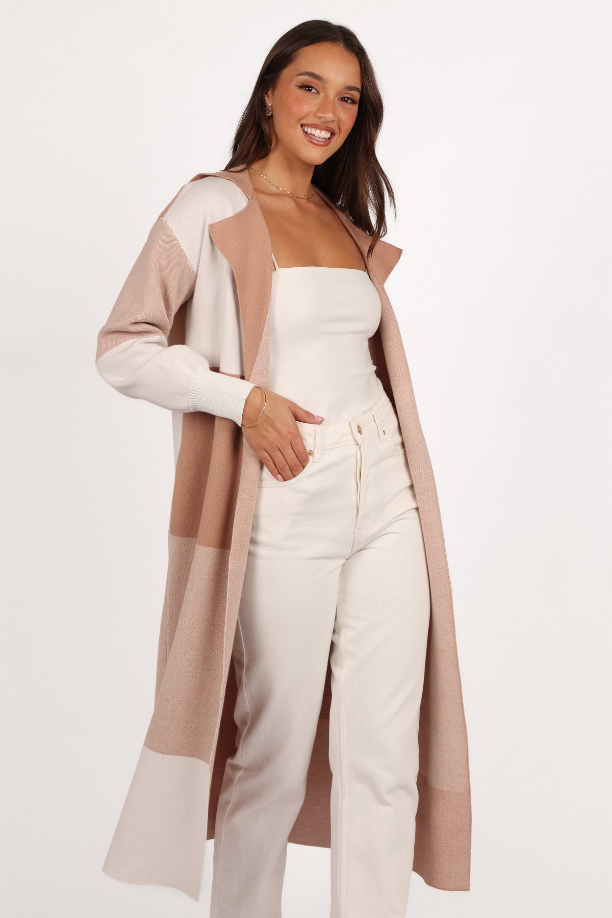 Kingston Large Check Long Cardigan in Beige Check – view 2 of 7
