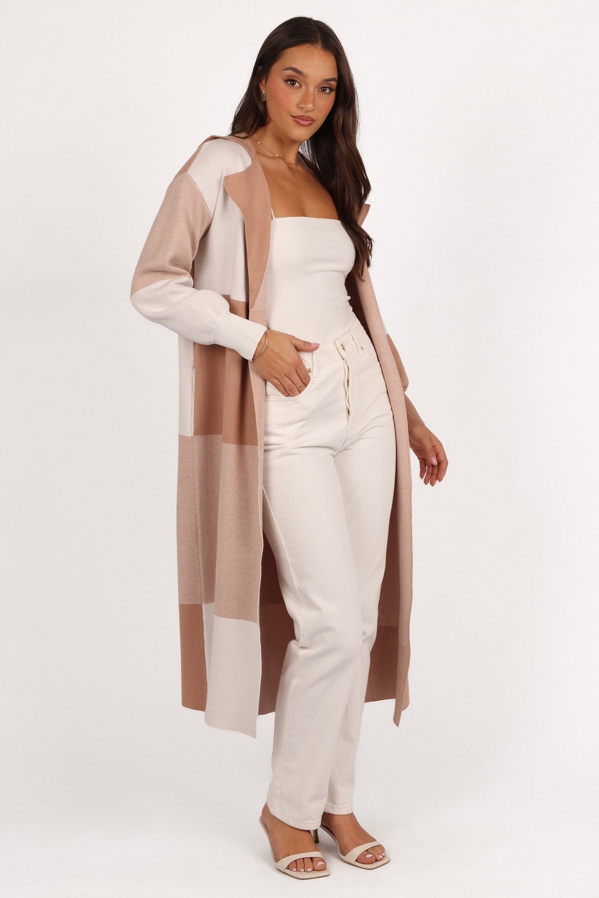 Kingston Large Check Long Cardigan in Beige Check – view 5 of 7