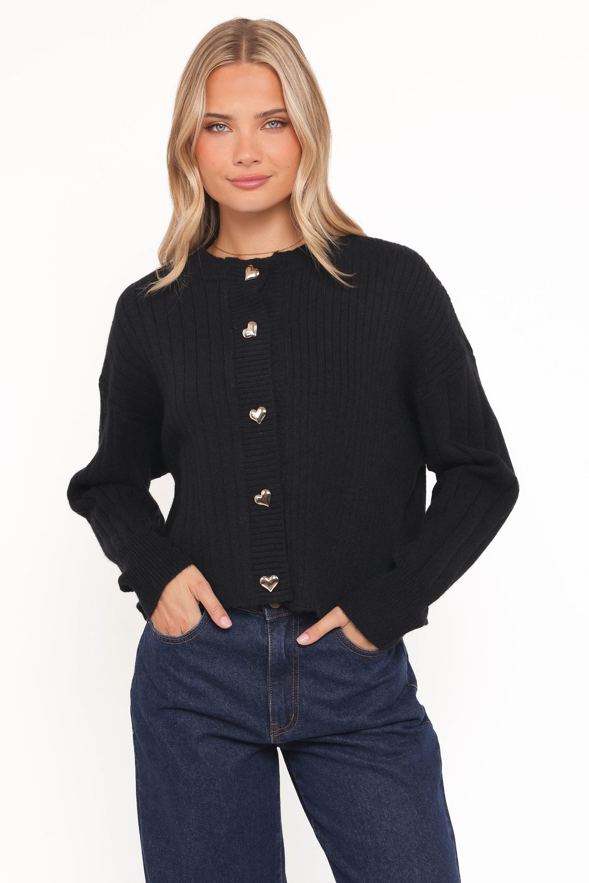 Loulani Heart Button Cardigan in Black – view 1 of 6