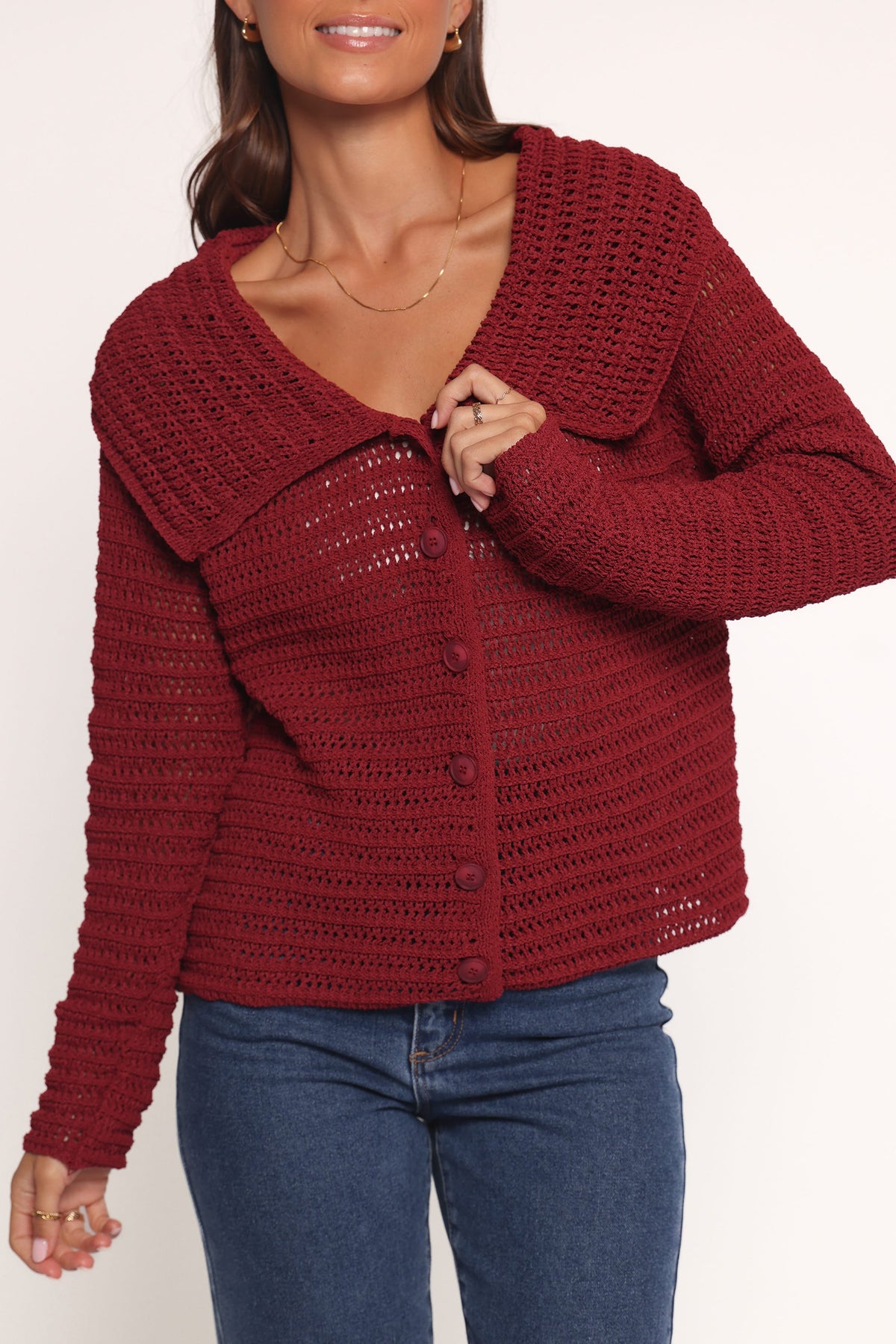 Lyra Large Collar Cardigan in Burgundy – view 2 of 7