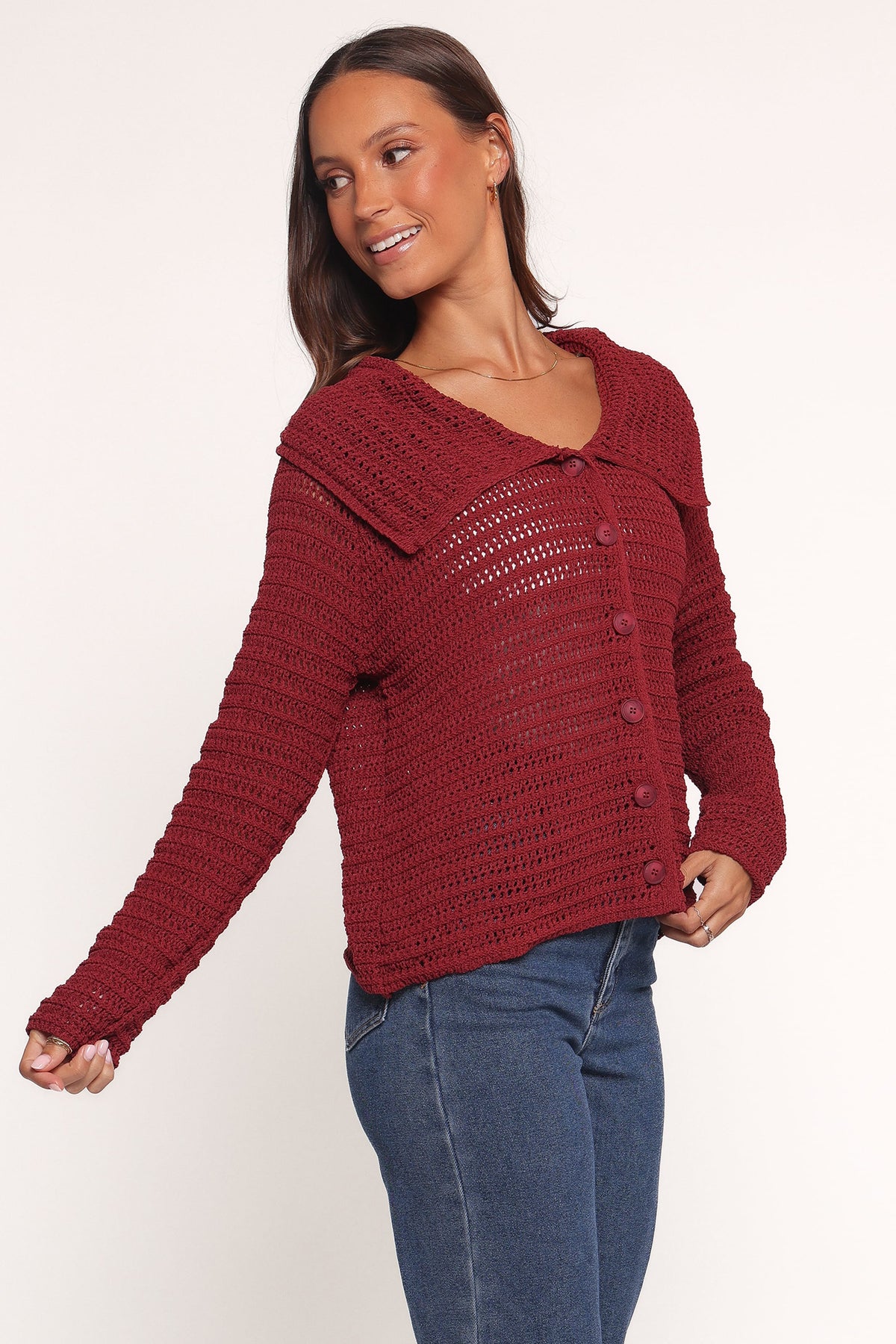 Lyra Large Collar Cardigan in Burgundy – view 3 of 7