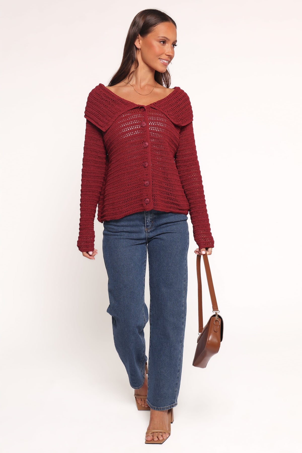 Lyra Large Collar Cardigan in Burgundy – view 6 of 7