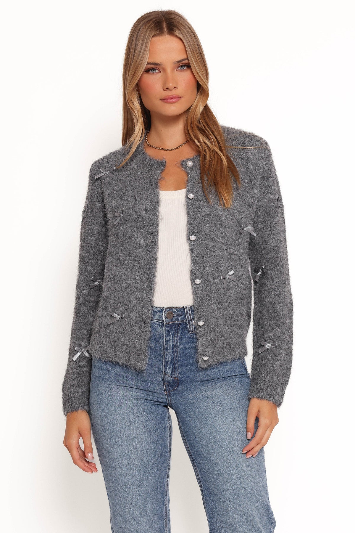 Mellie All Over Bow Button Front Cardigan in Grey – view 5 of 10