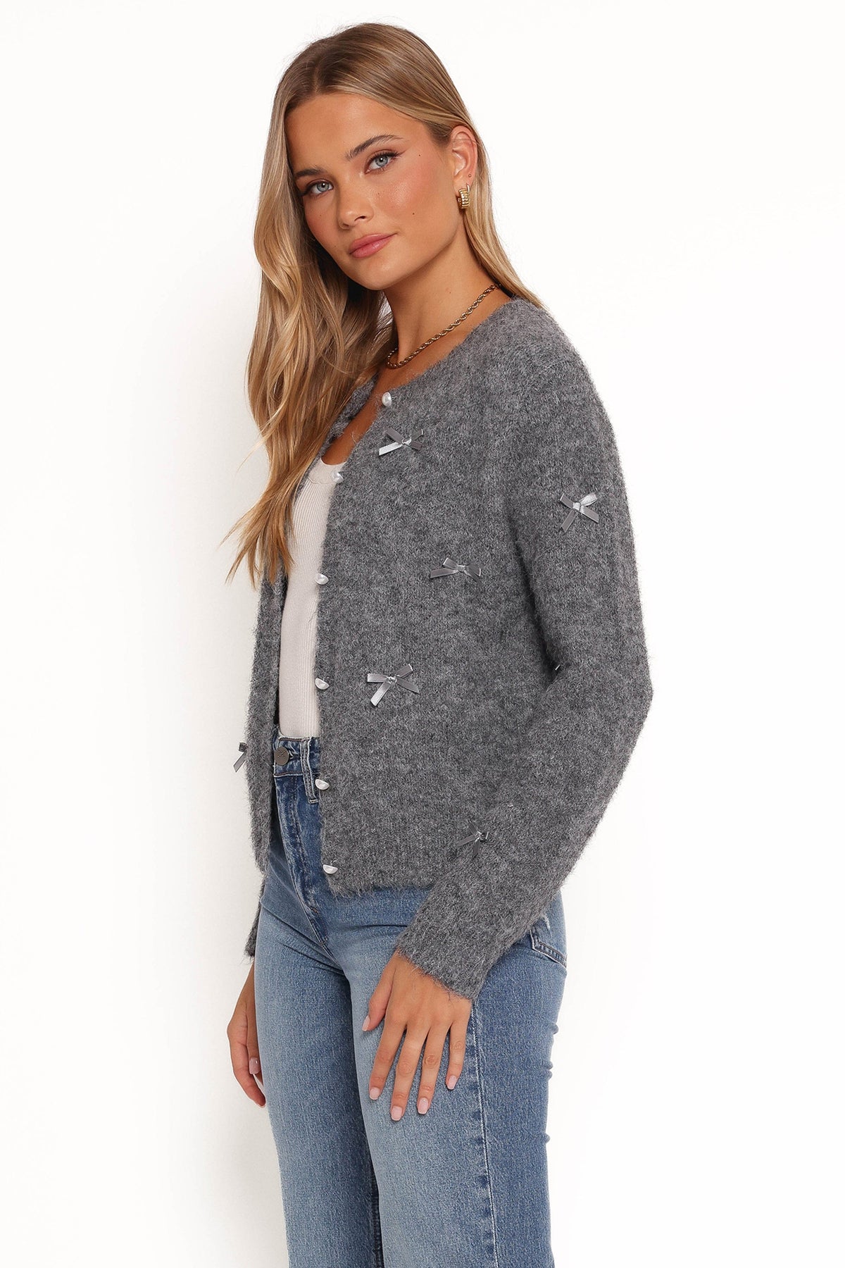 Mellie All Over Bow Button Front Cardigan in Grey – view 6 of 10