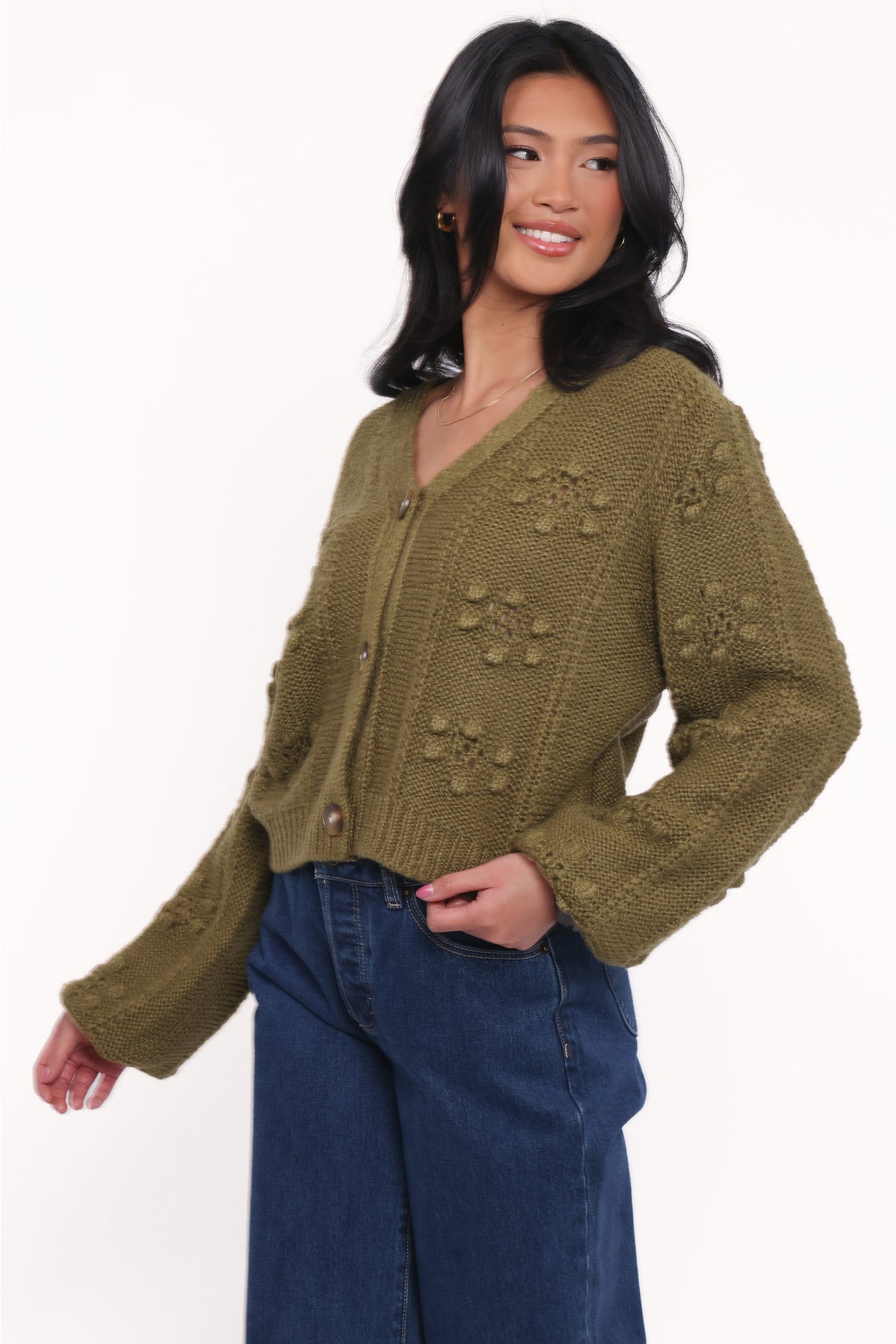 Melody Textured Button Up Cardigan in Olive – view 3 of 6