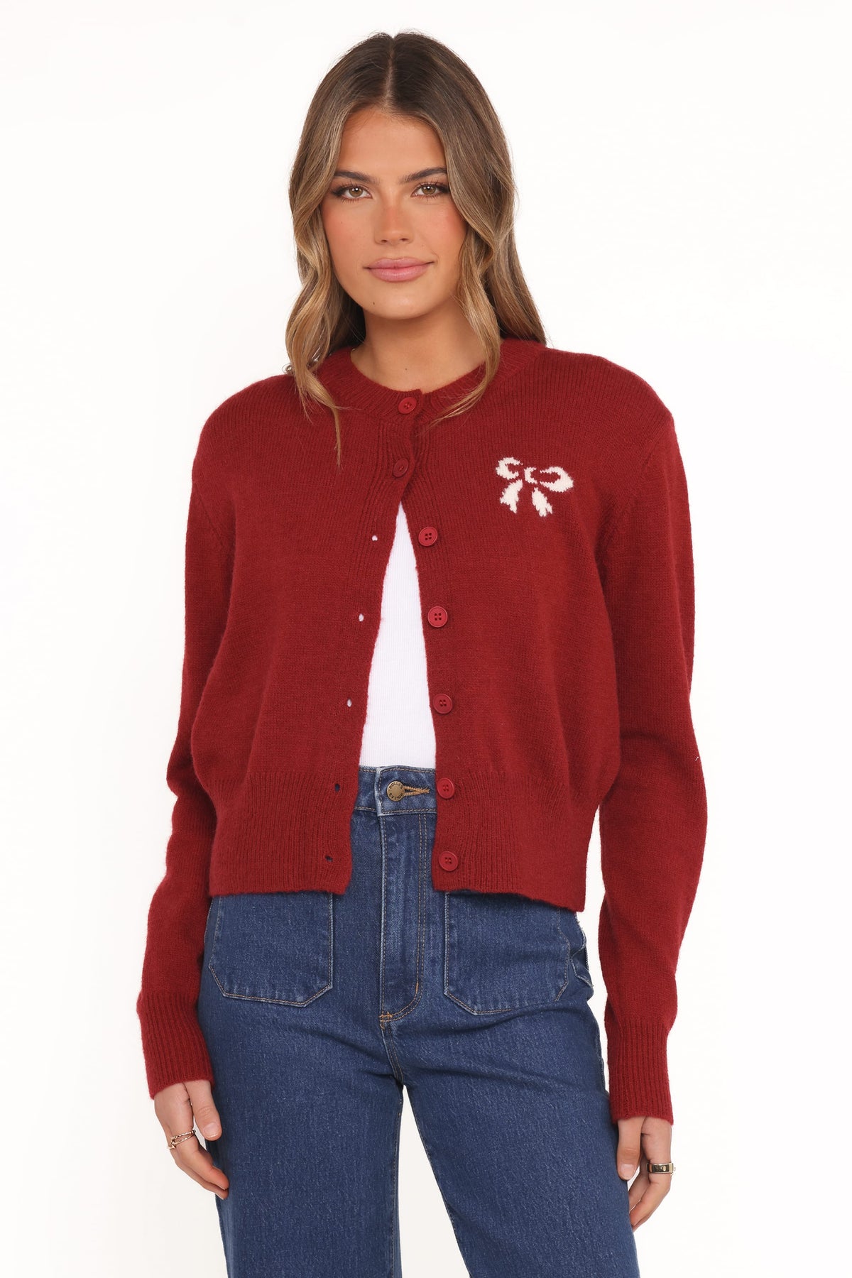 Middleton Mini Bow Cardigan in Wine – view 1 of 6