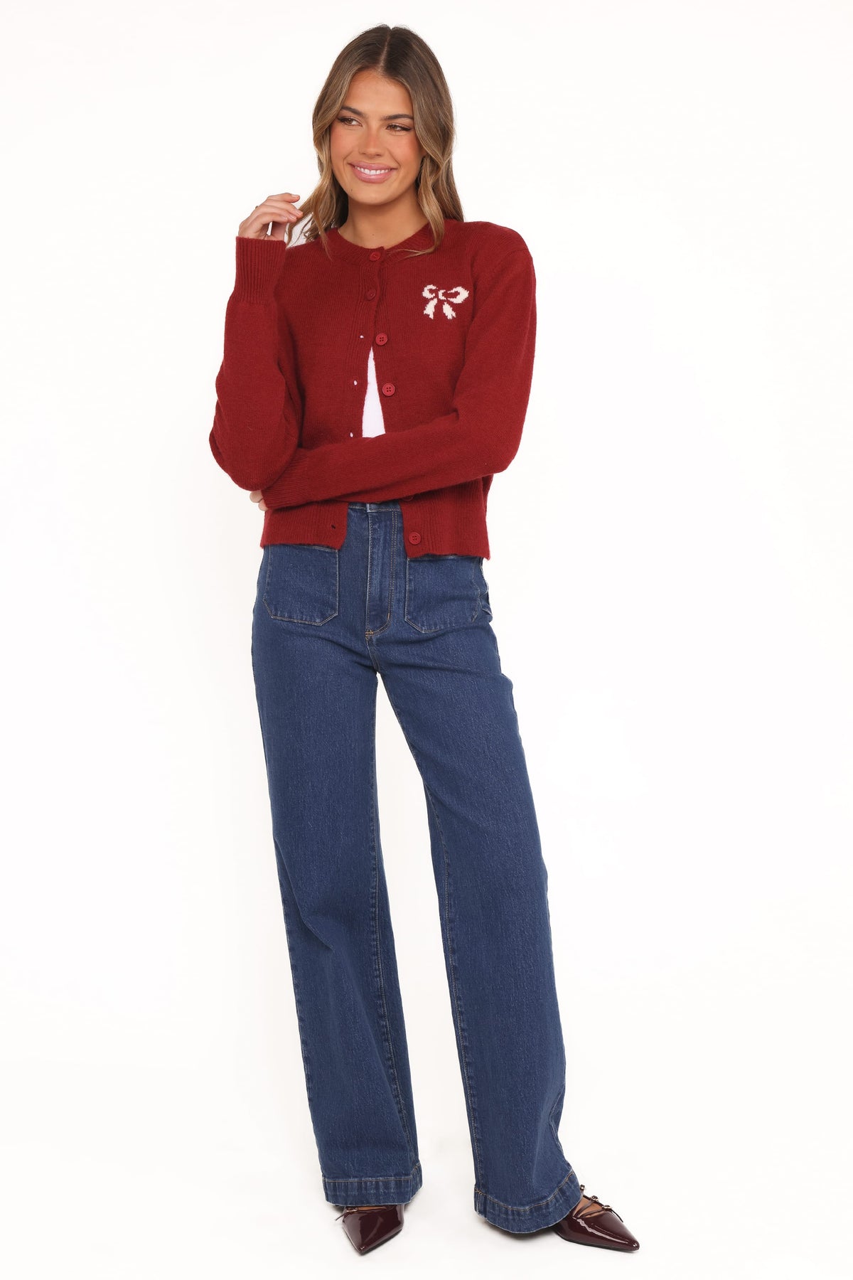 Middleton Mini Bow Cardigan in Wine – view 5 of 6