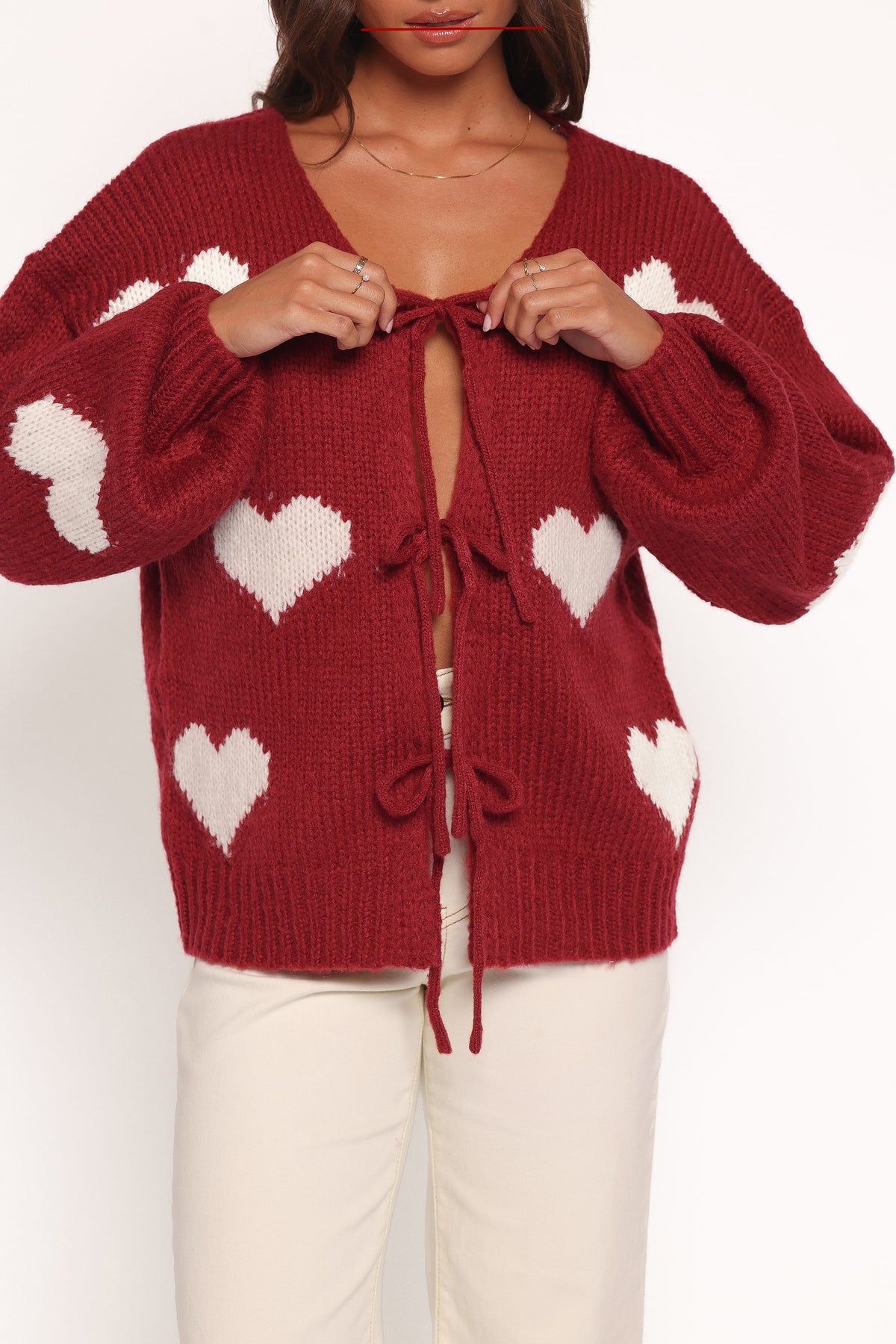 Nadine All Over Heart Tie Front Cardigan in Wine – view 2 of 6