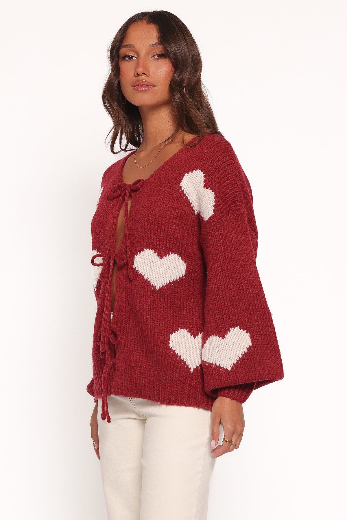 Nadine All Over Heart Tie Front Cardigan in Wine – view 3 of 6