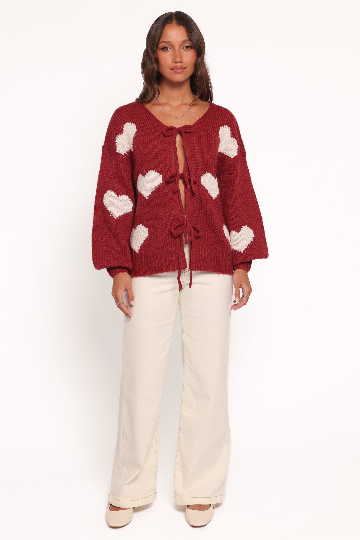 Nadine All Over Heart Tie Front Cardigan in Wine – view 5 of 6