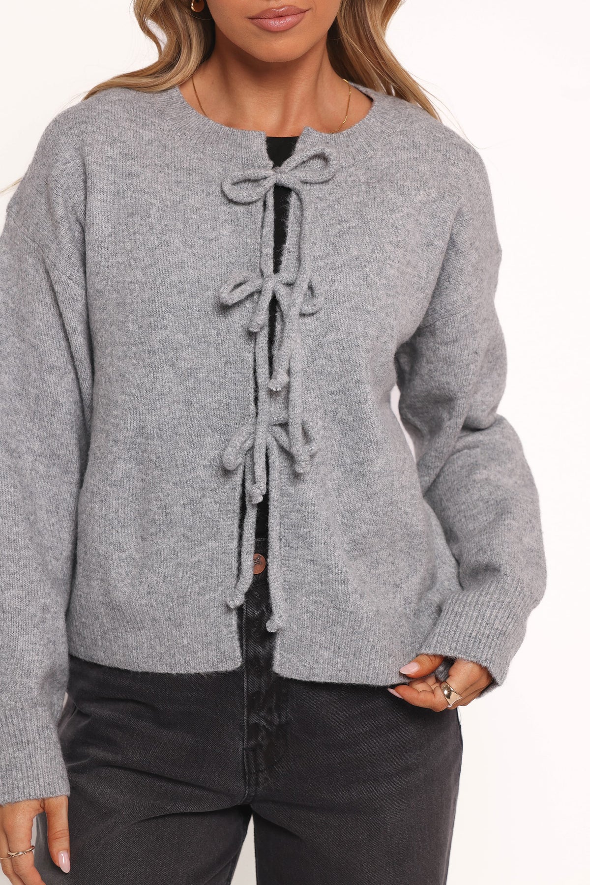 Neri Bow Tie Front Cardigan in Grey – view 2 of 7