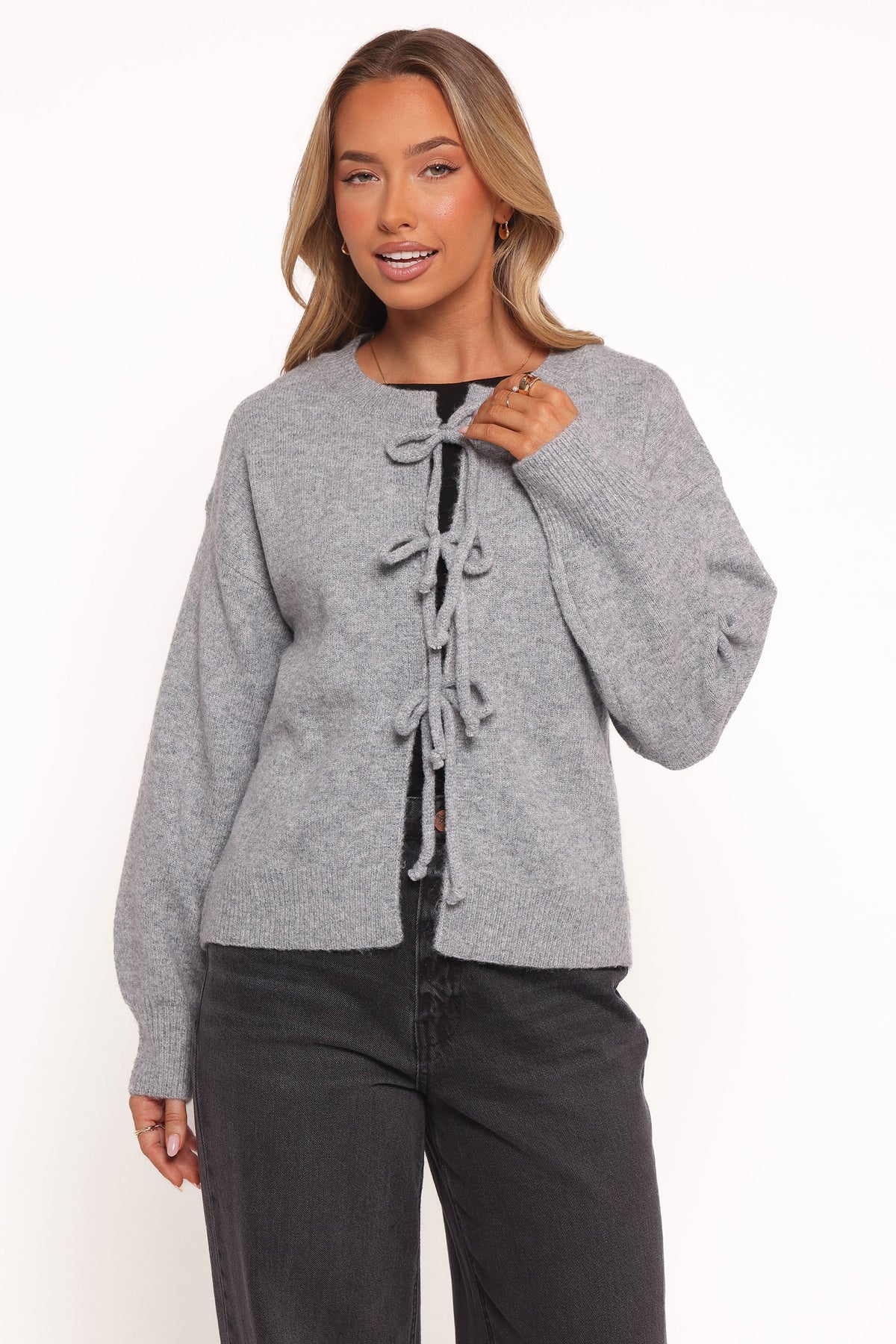 Neri Bow Tie Front Cardigan in Grey – view 1 of 7