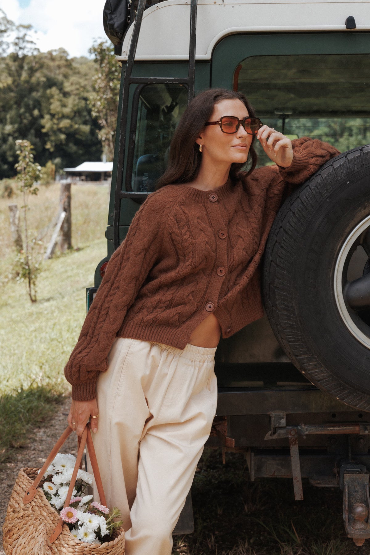 Nika Cable Knit Cardigan in Brown – view 9 of 9