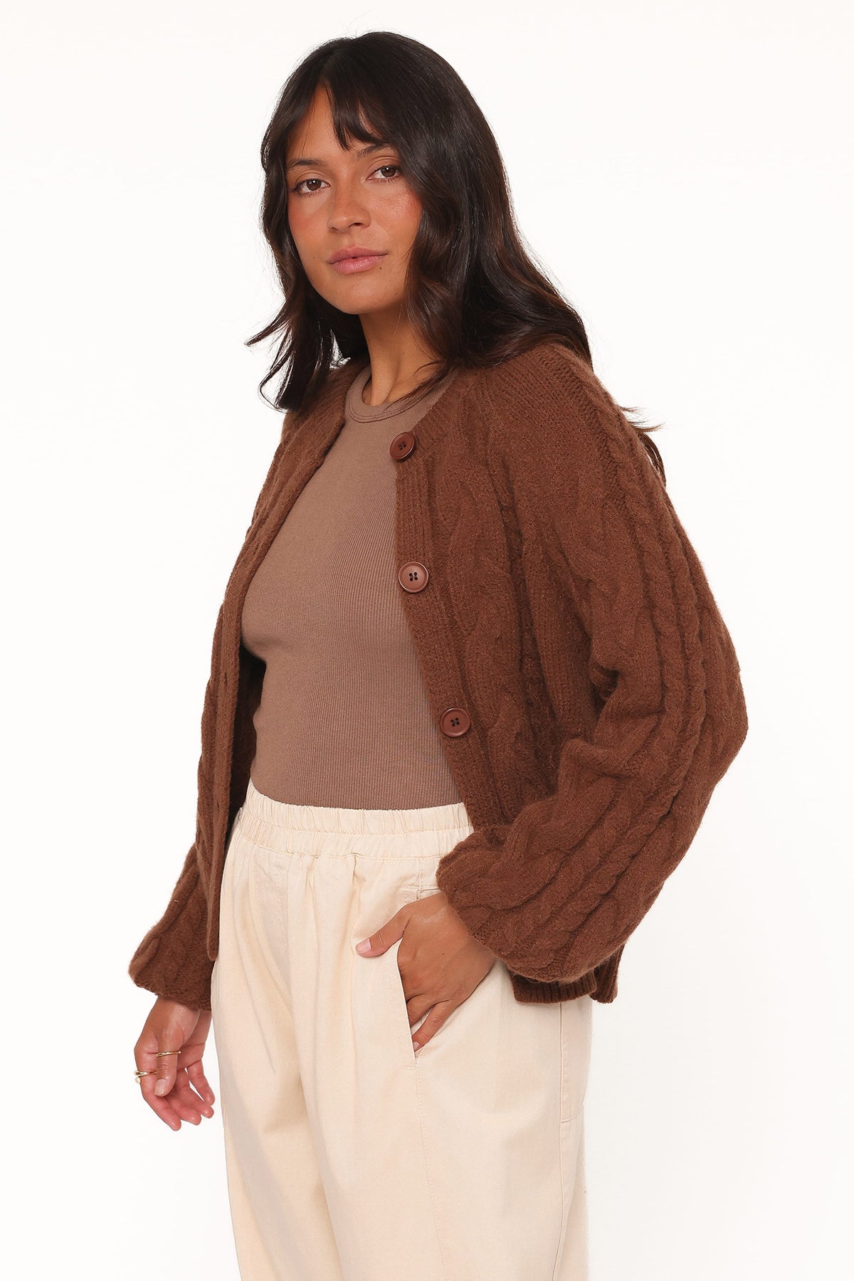 Nika Cable Knit Cardigan in Brown – view 4 of 9