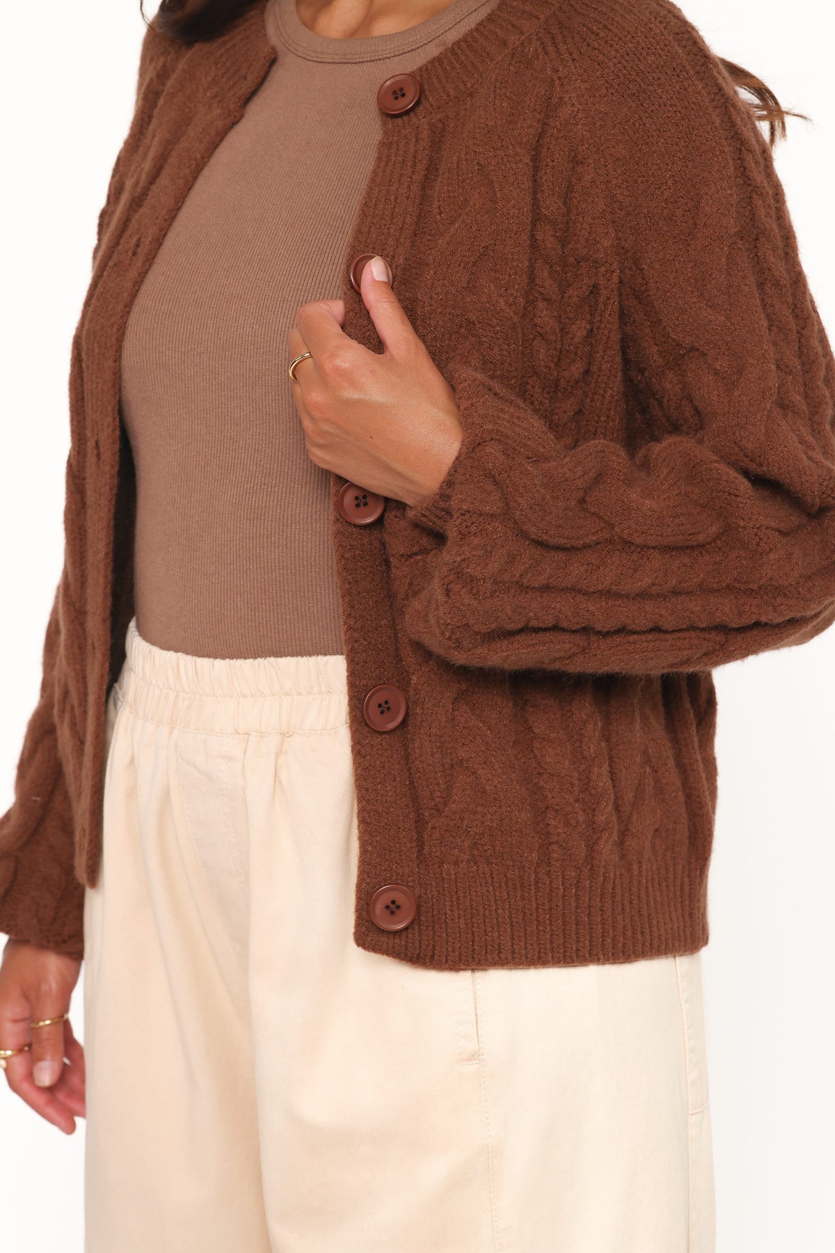 Nika Cable Knit Cardigan in Brown – view 3 of 9