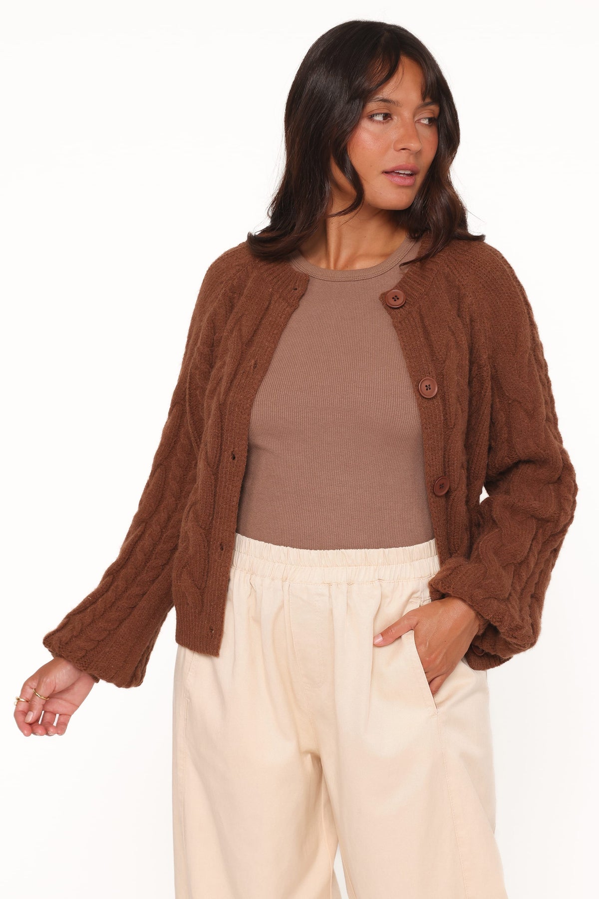 Nika Cable Knit Cardigan in Brown – view 2 of 9
