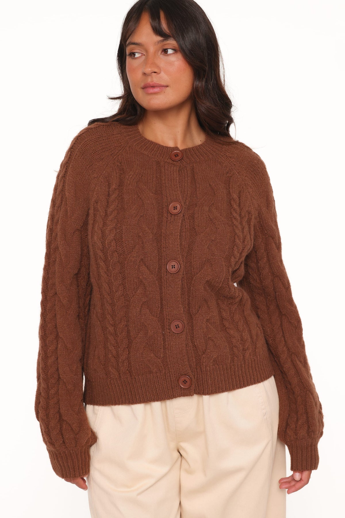 Nika Cable Knit Cardigan in Brown – view 7 of 9