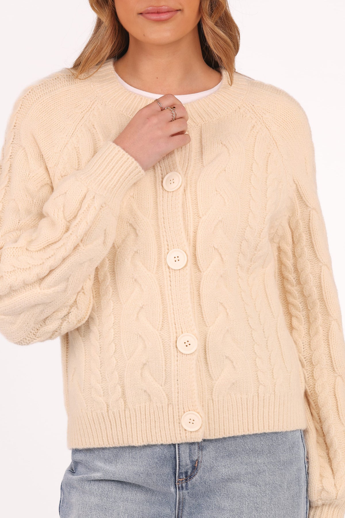 Nika Cable Knit Cardigan in Taupe – view 3 of 8