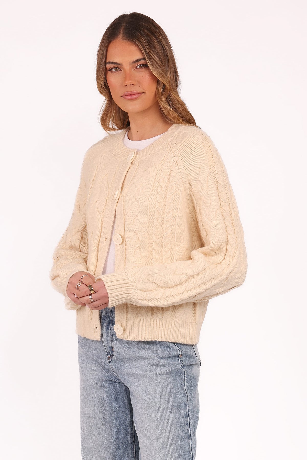 Nika Cable Knit Cardigan in Taupe – view 4 of 8