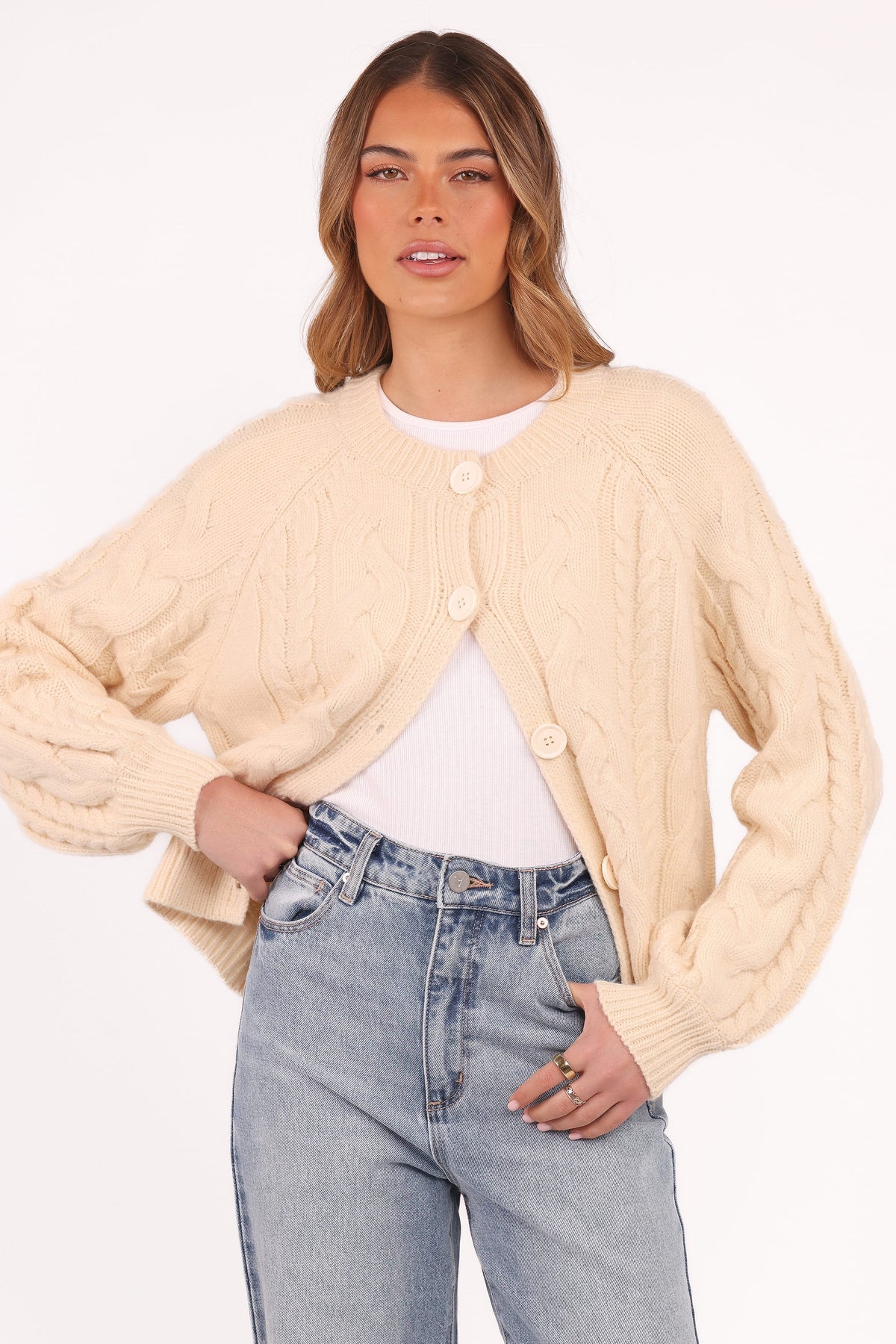 Nika Cable Knit Cardigan in Taupe – view 2 of 8