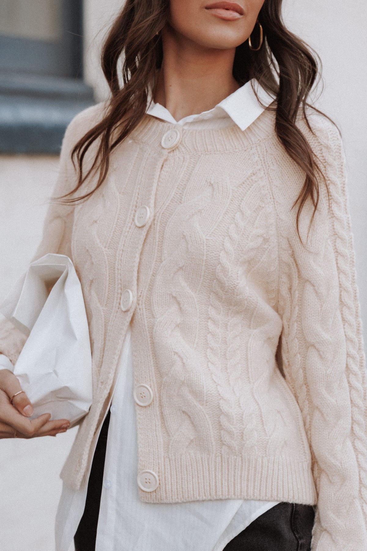 Nika Cable Knit Cardigan in Taupe – view 8 of 8