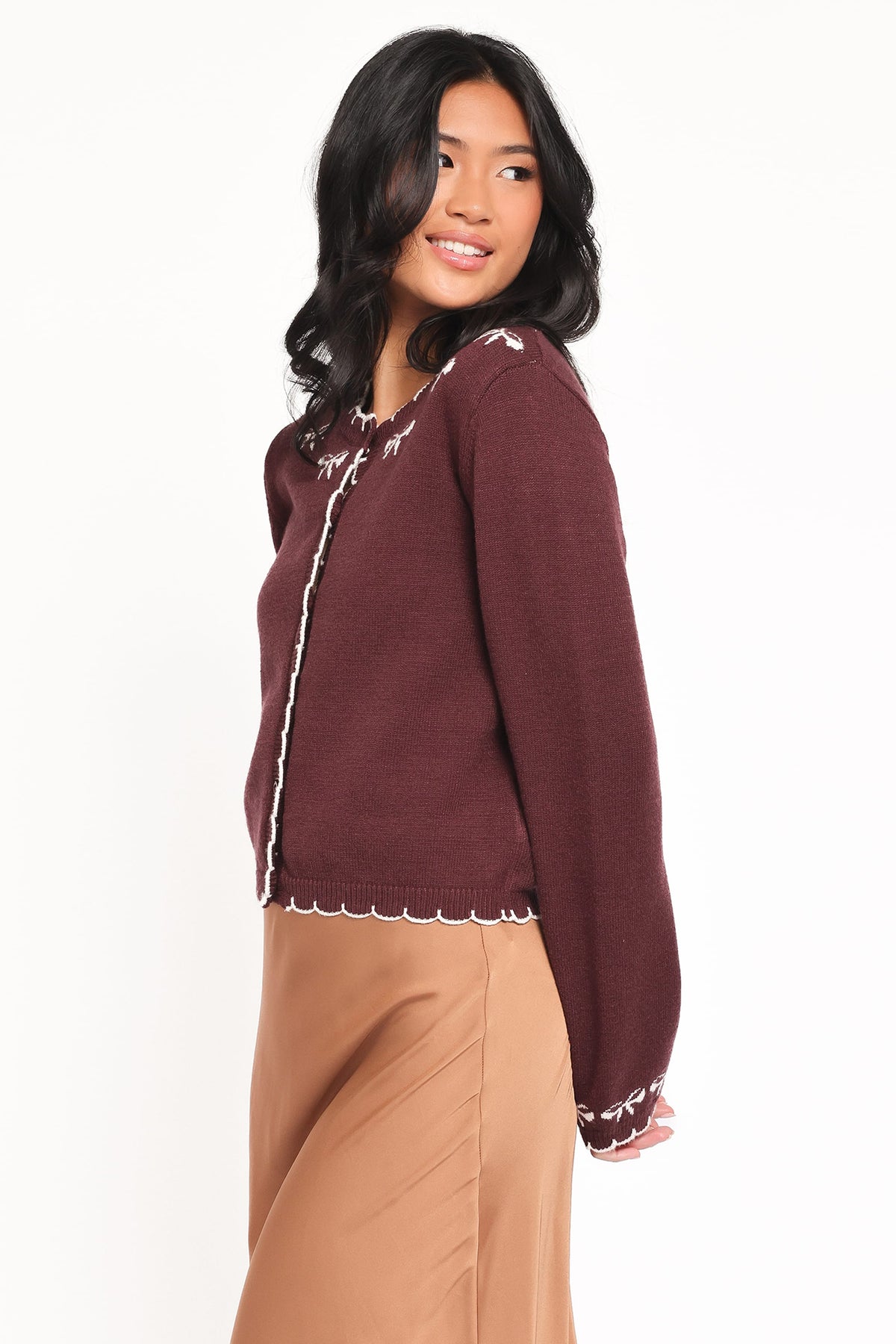 Payton Bow Scallop Cardigan in Plum – view 3 of 6