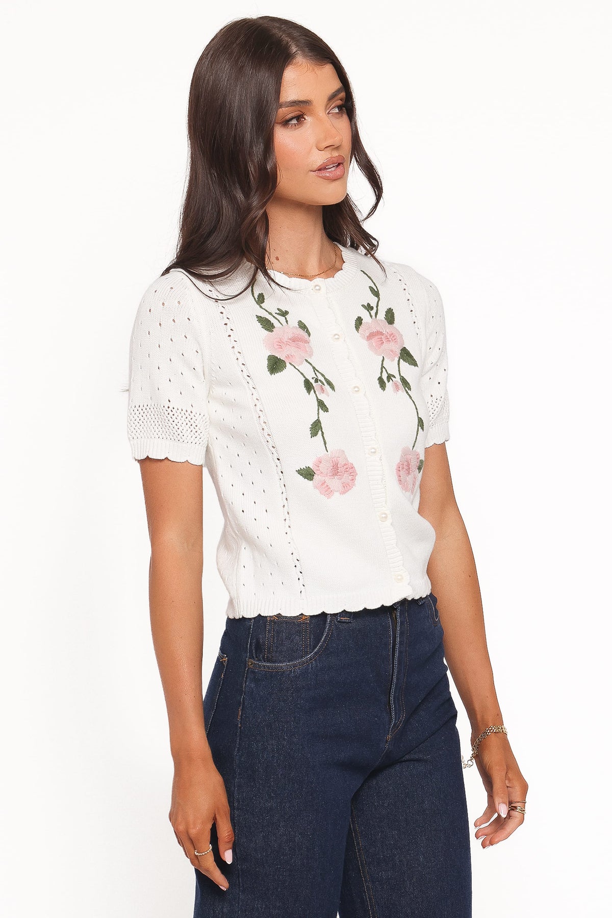 Rossi Floral Button Up Cardigan in White/Pink – view 3 of 6