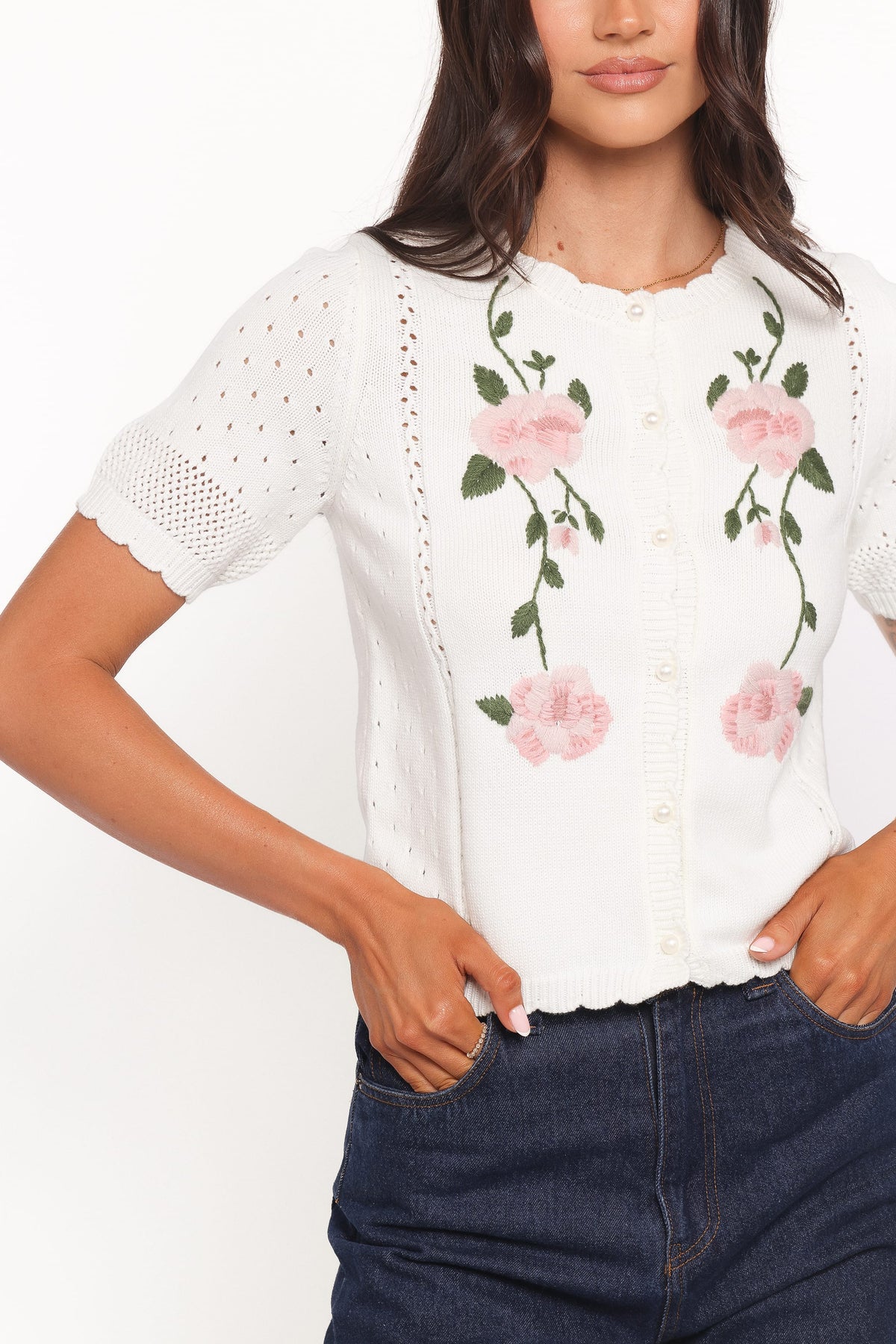 Rossi Floral Button Up Cardigan in White/Pink – view 2 of 6