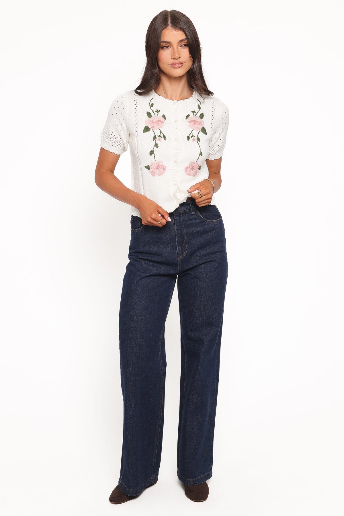 Rossi Floral Button Up Cardigan in White/Pink – view 5 of 6