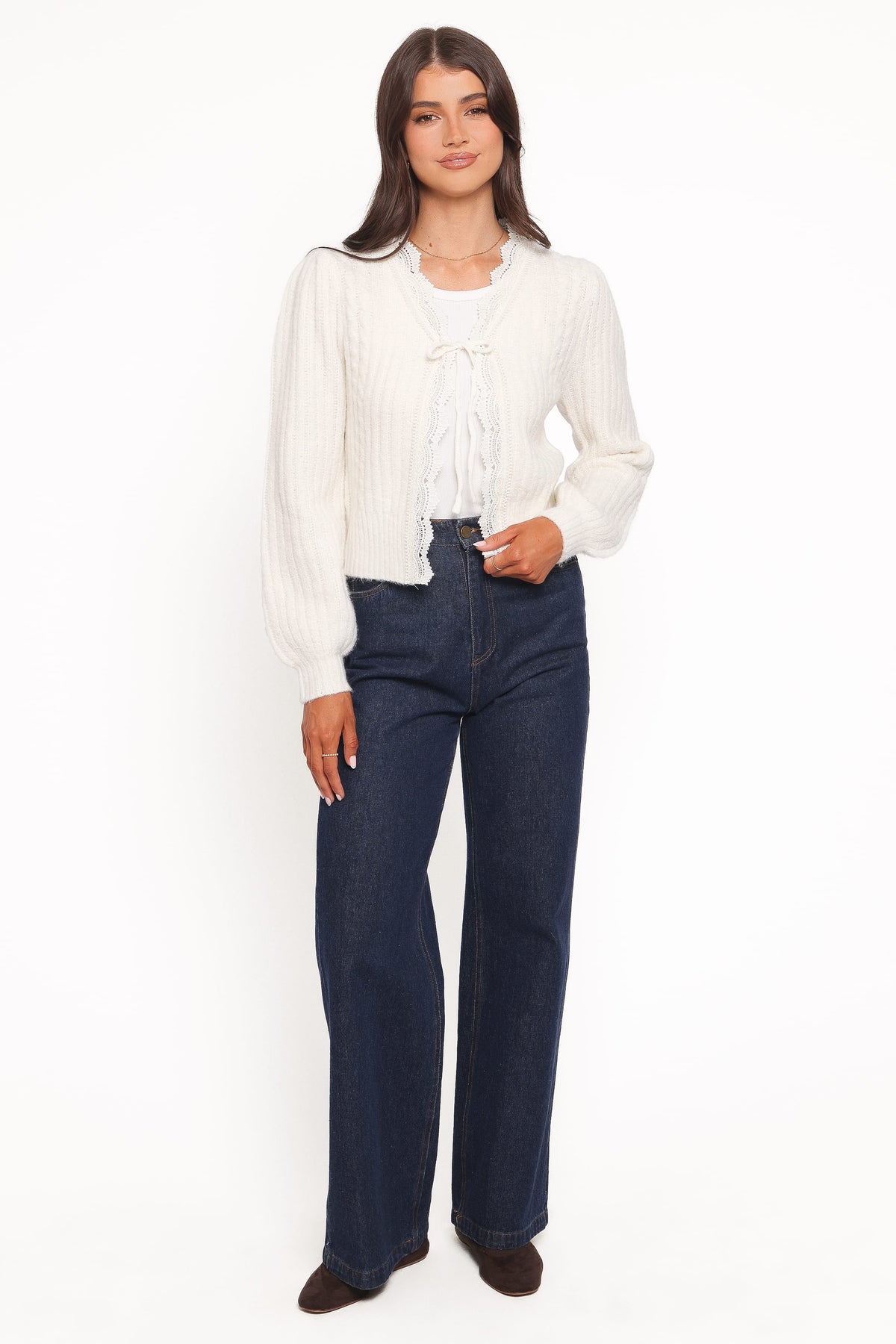 Silvie Lace Front Tie Cardigan in Cream – view 5 of 6
