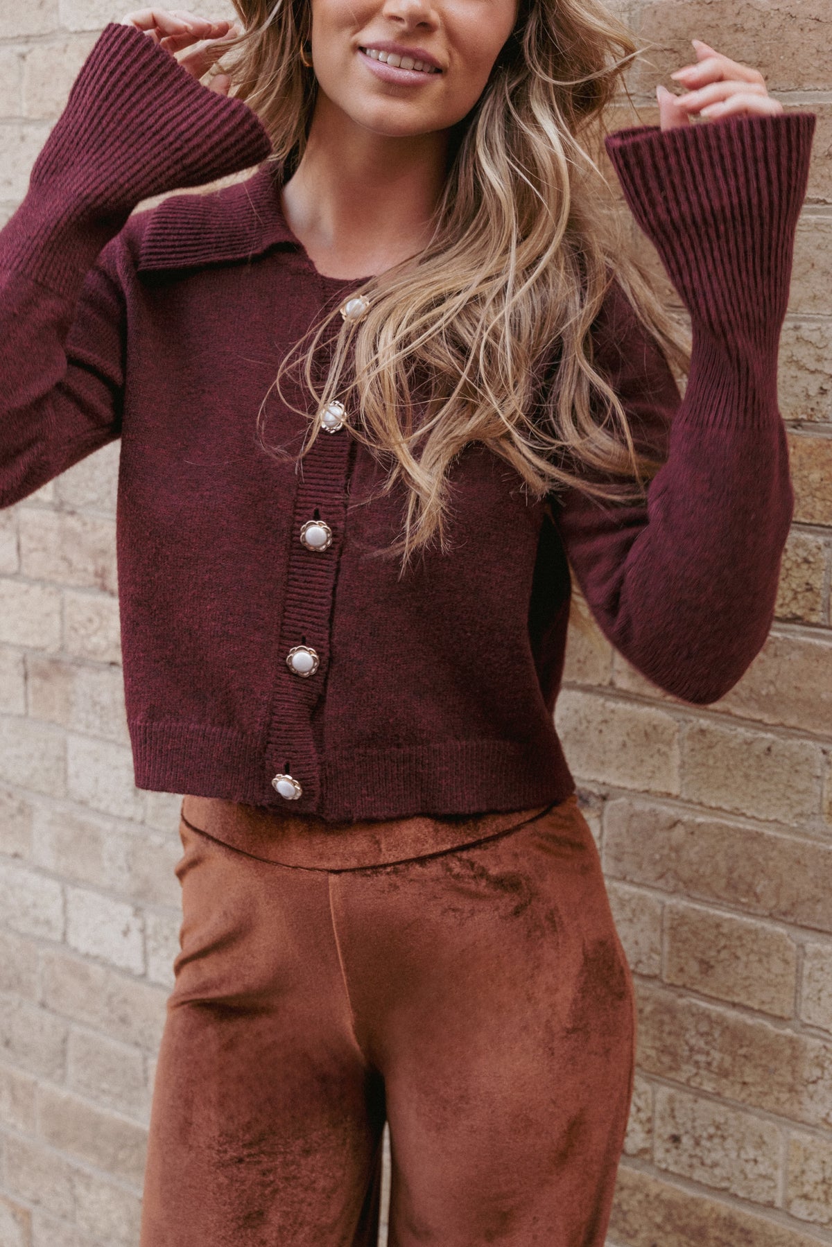 Thelma Trumpet Sleeve Cardigan in Cabernet – view 8 of 8