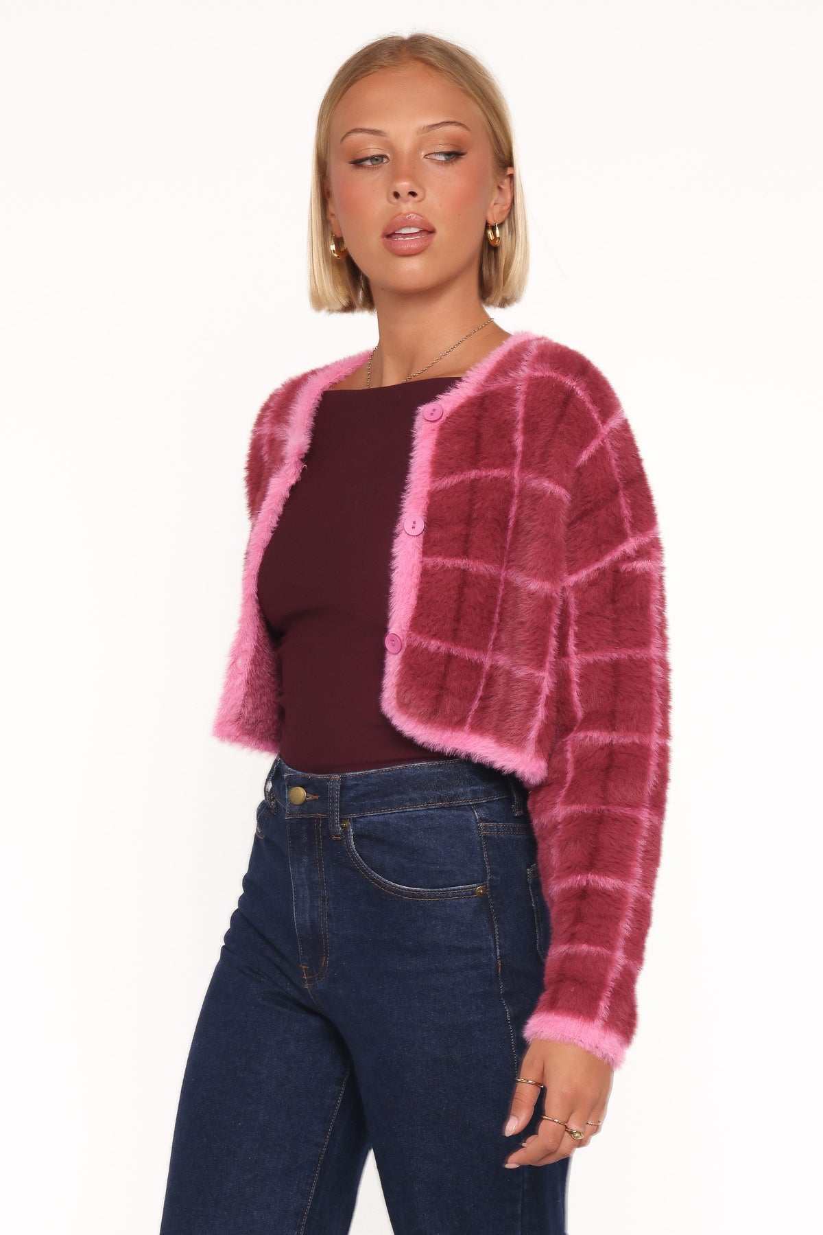 Viola Plaid Button Front Cardigan in Burgundy – view 3 of 8