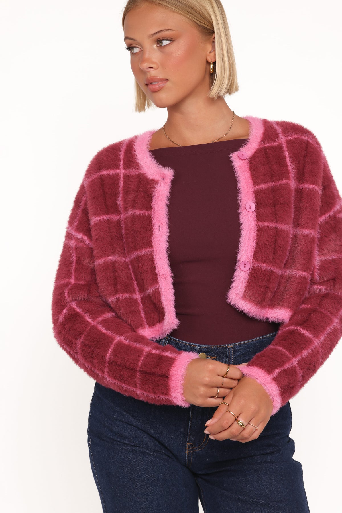 Viola Plaid Button Front Cardigan in Burgundy – view 1 of 8