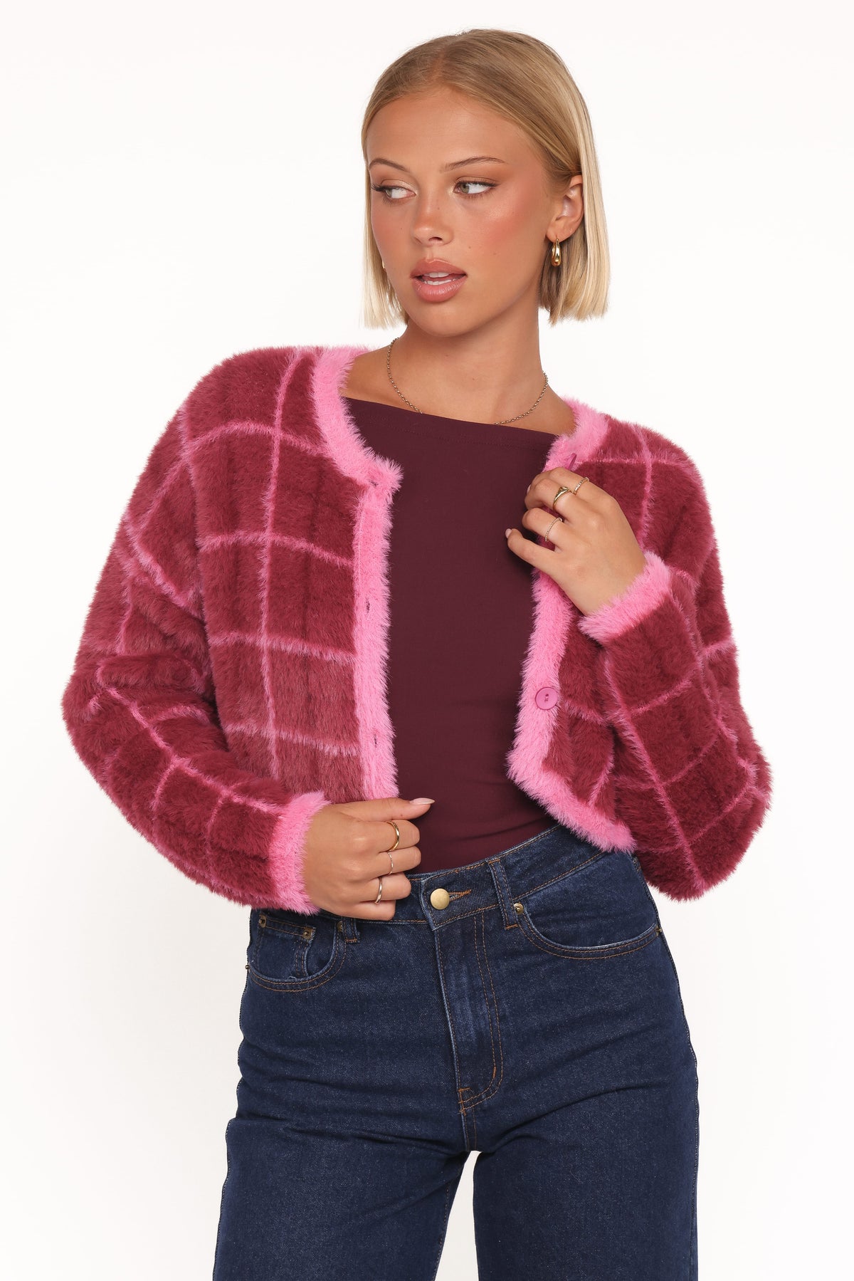 Viola Plaid Button Front Cardigan in Burgundy – view 7 of 8