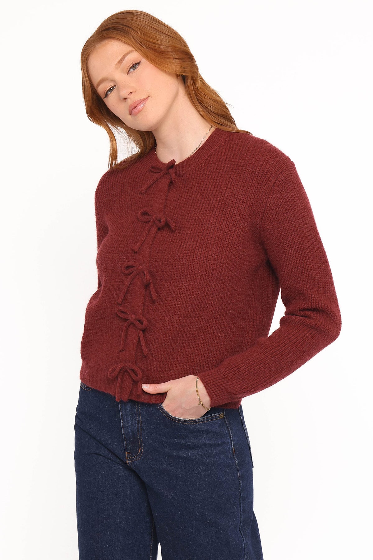 Wilde Bow Front Cardigan in Burgundy – view 3 of 6