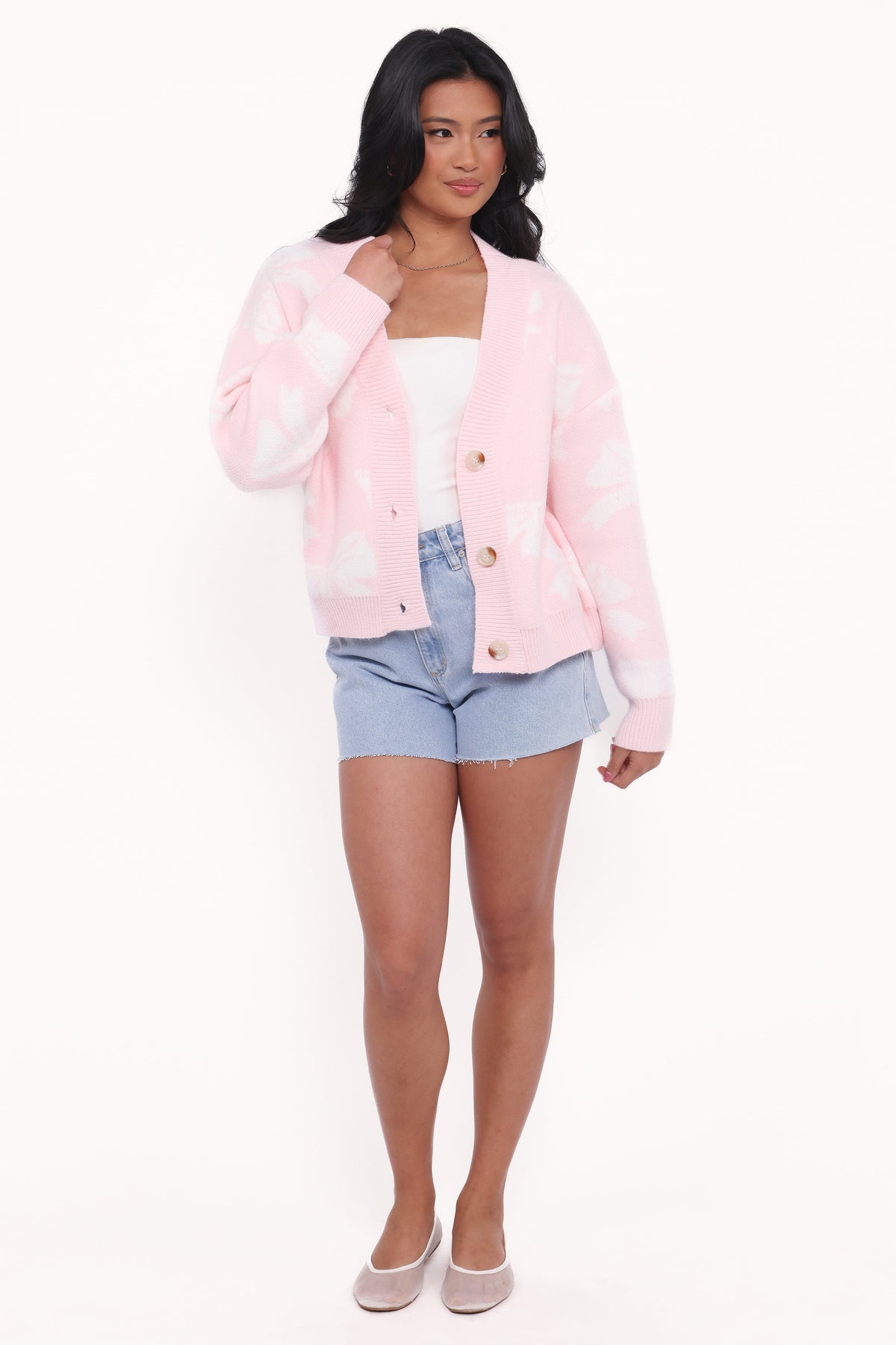 Wrenn Bow Knit Cardigan in Soft Pink – view 7 of 8