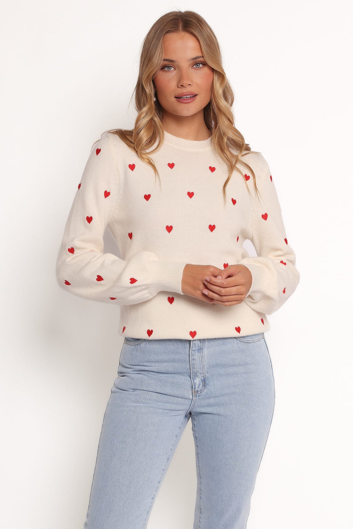 Xadie All Over Mini Heart Sweater in Cream/Red – view 3 of 8