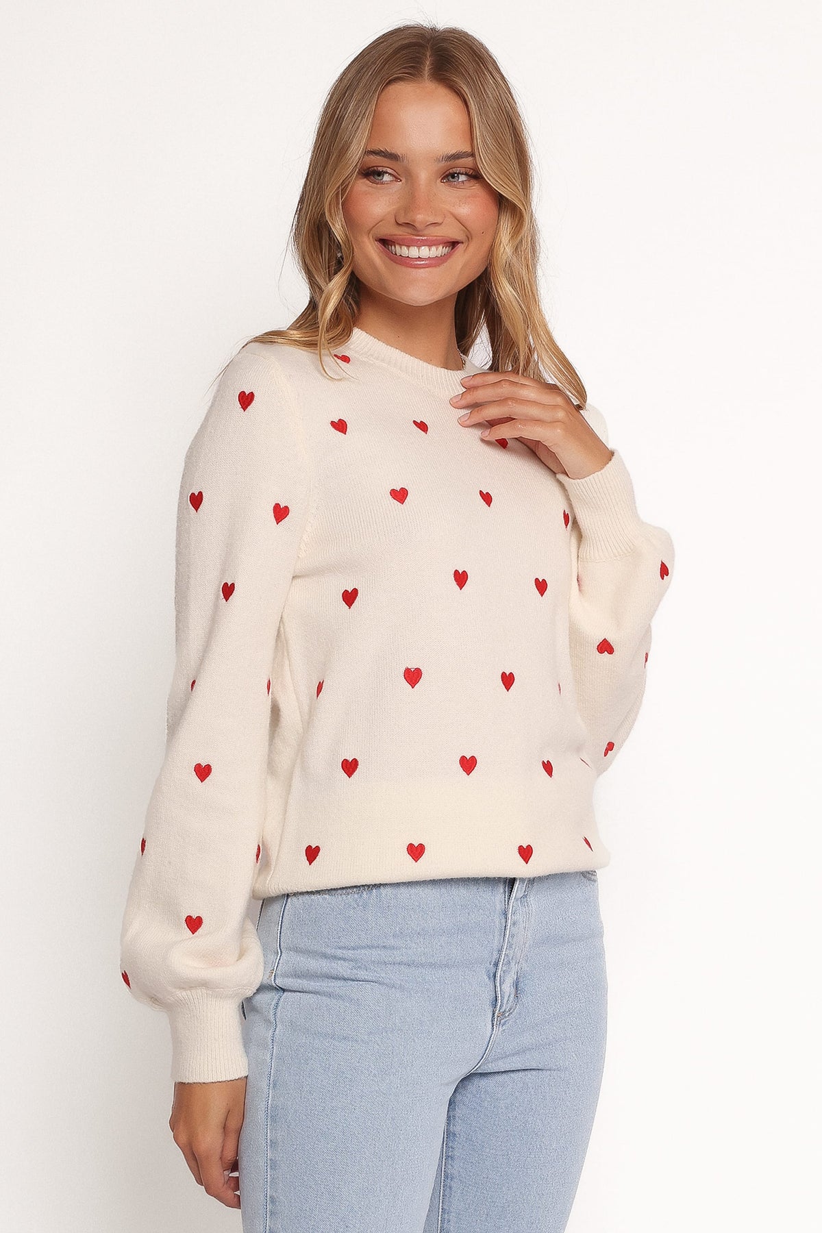 Xadie All Over Mini Heart Sweater in Cream/Red – view 2 of 8
