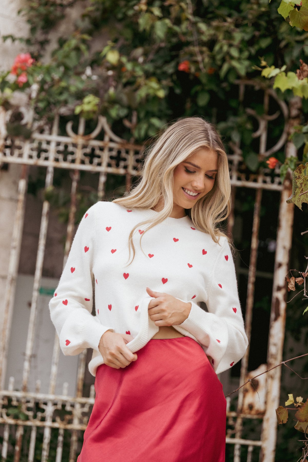 Xadie All Over Mini Heart Sweater in Cream/Red – view 1 of 8