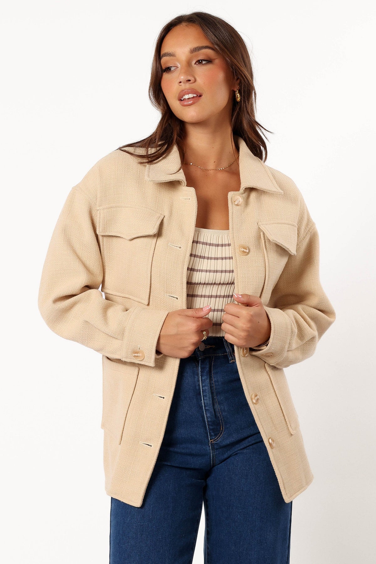 Arlow Tie Front Shacket in Cream – view 4 of 12