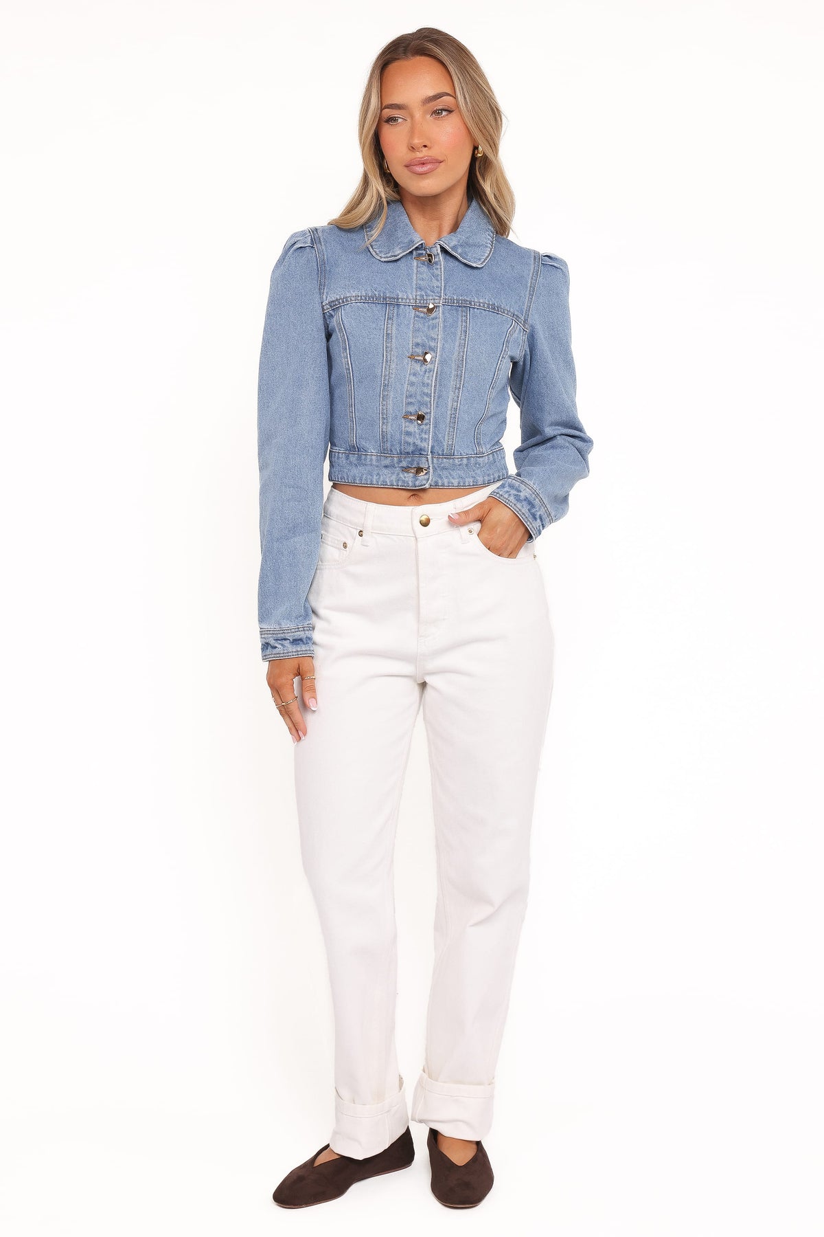 Faven Cropped Denim Jacket in Mid Blue – view 4 of 6