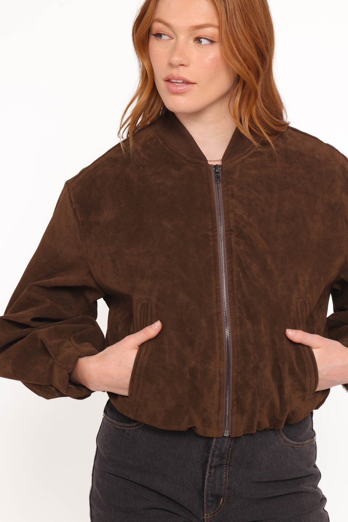 Goldie Faux Suede Bomber Jacket in Brown – view 2 of 6