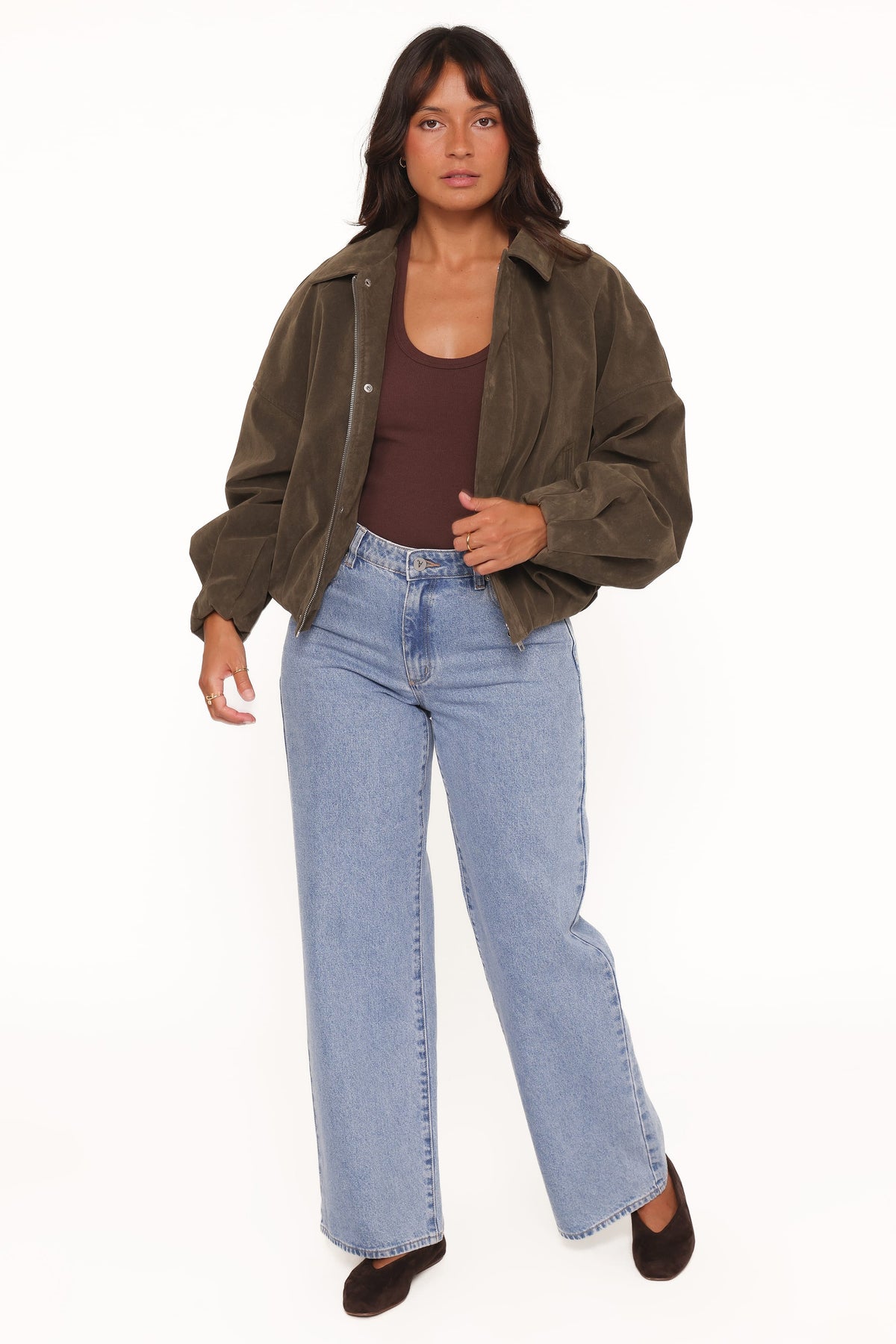 Jensen Faux Suede Bomber Jacket in Olive – view 6 of 9