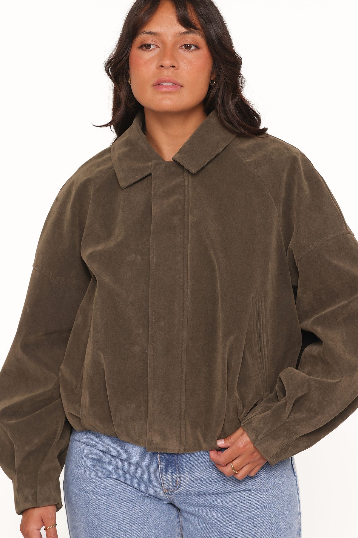 Jensen Faux Suede Bomber Jacket in Olive – view 3 of 9