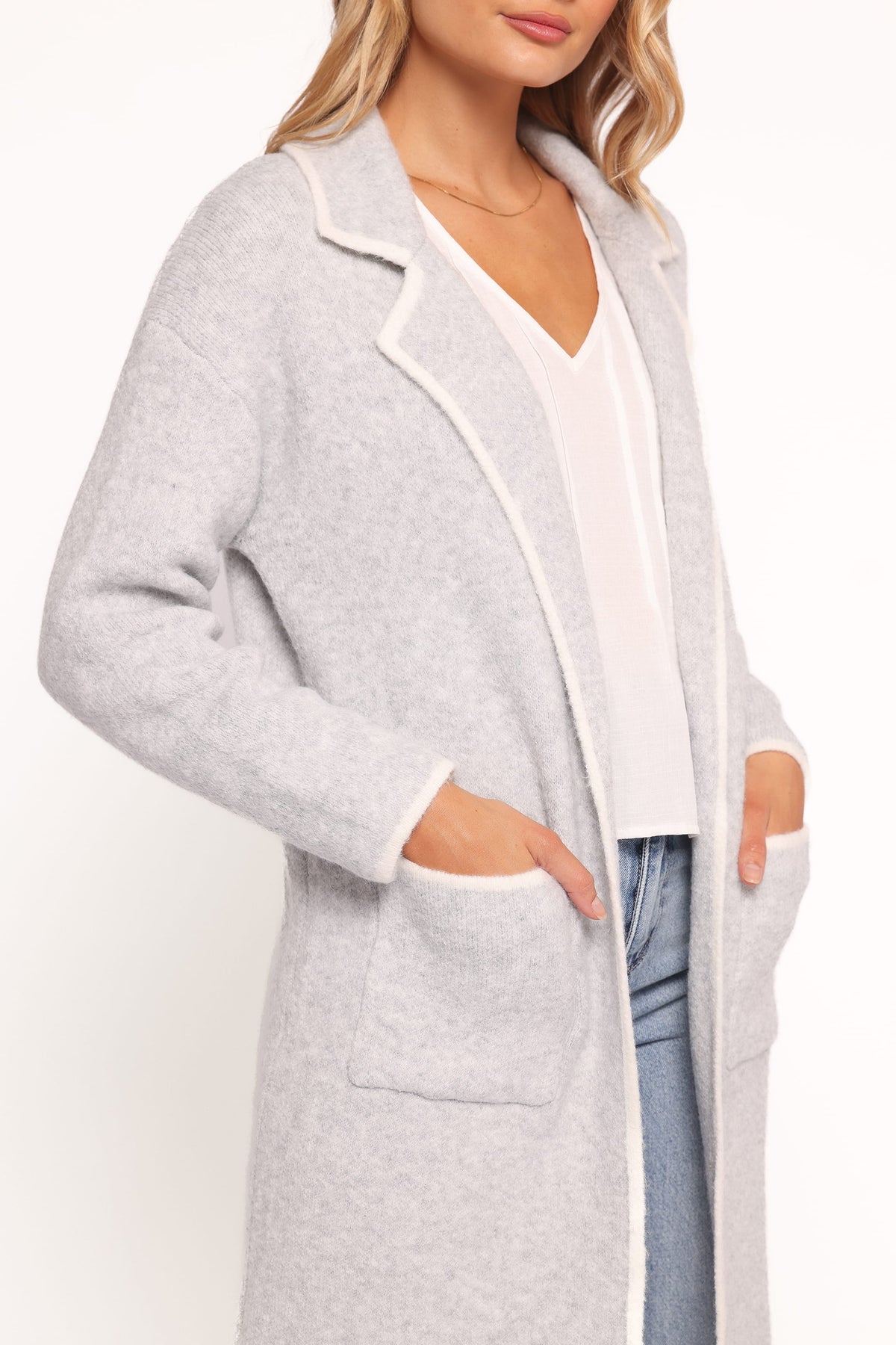 Katia Contrast Trim Coatigan in Light Grey – view 5 of 6