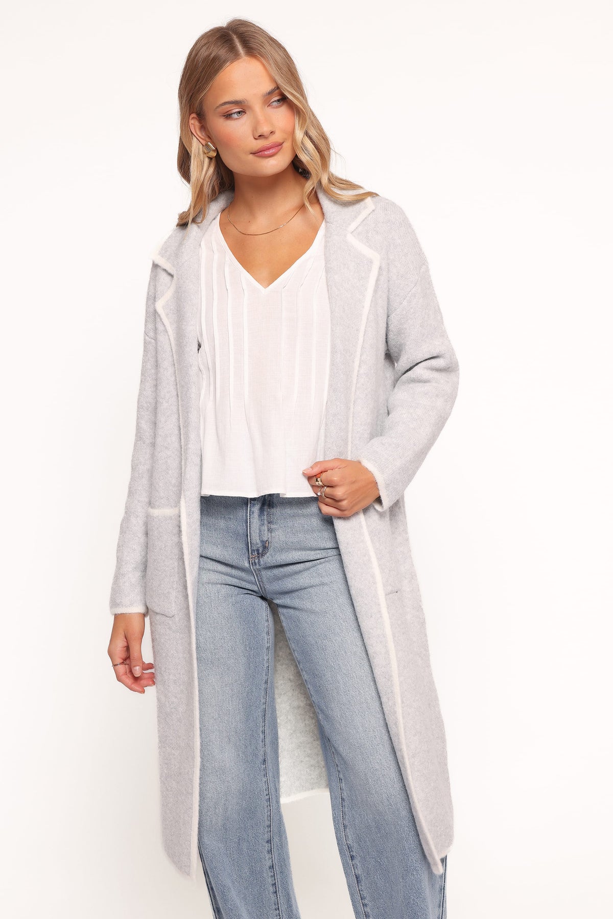 Katia Contrast Trim Coatigan in Light Grey – view 2 of 6