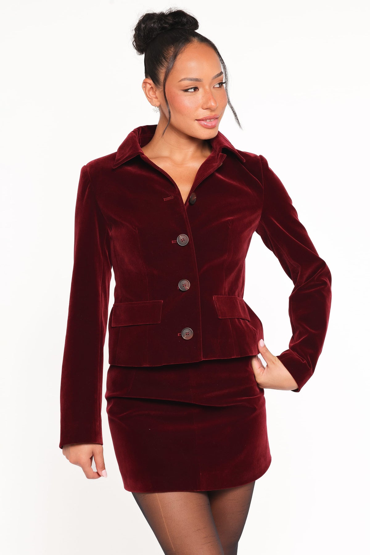 Lainey Velvet Cropped Jacket in Burgundy – view 1 of 6