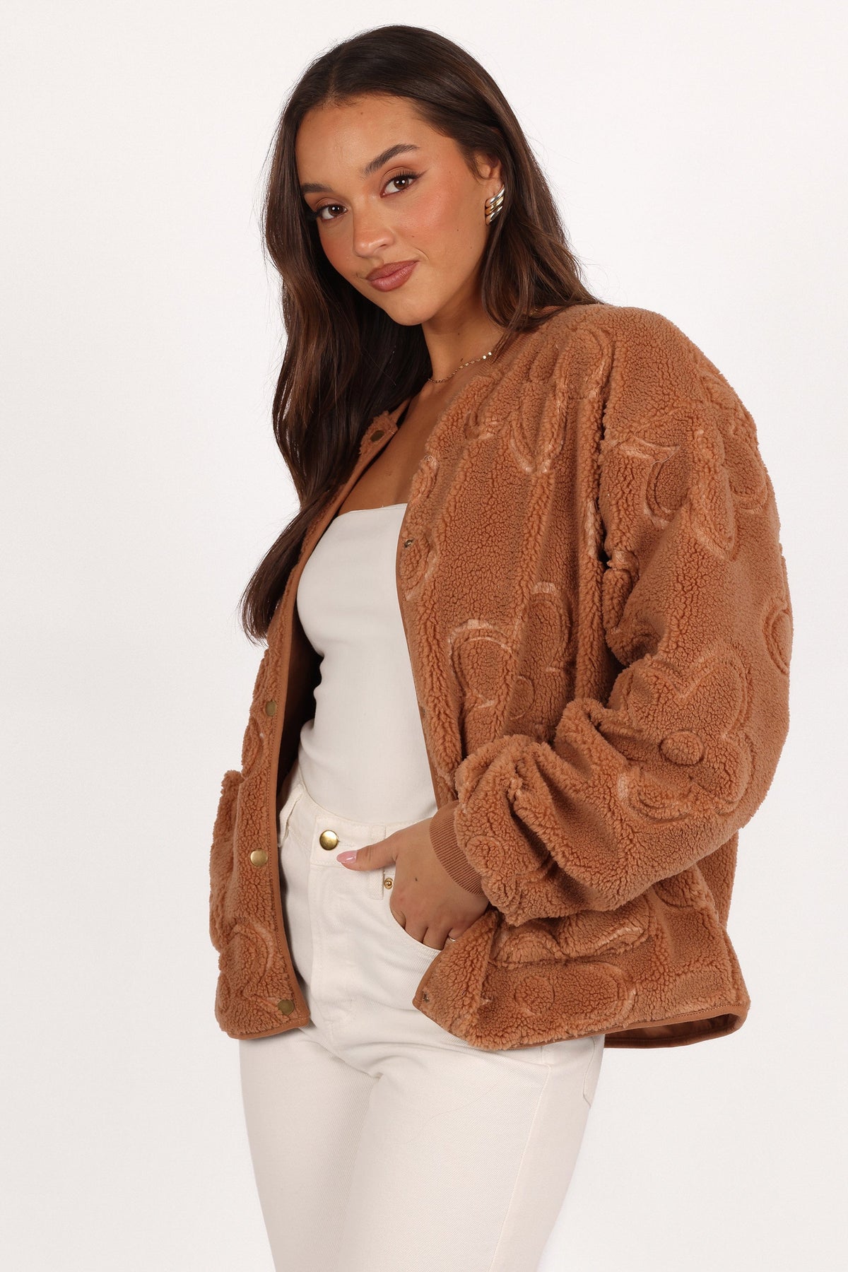 Lasky Flower Pattern Button Down Jacket in Camel – view 3 of 7
